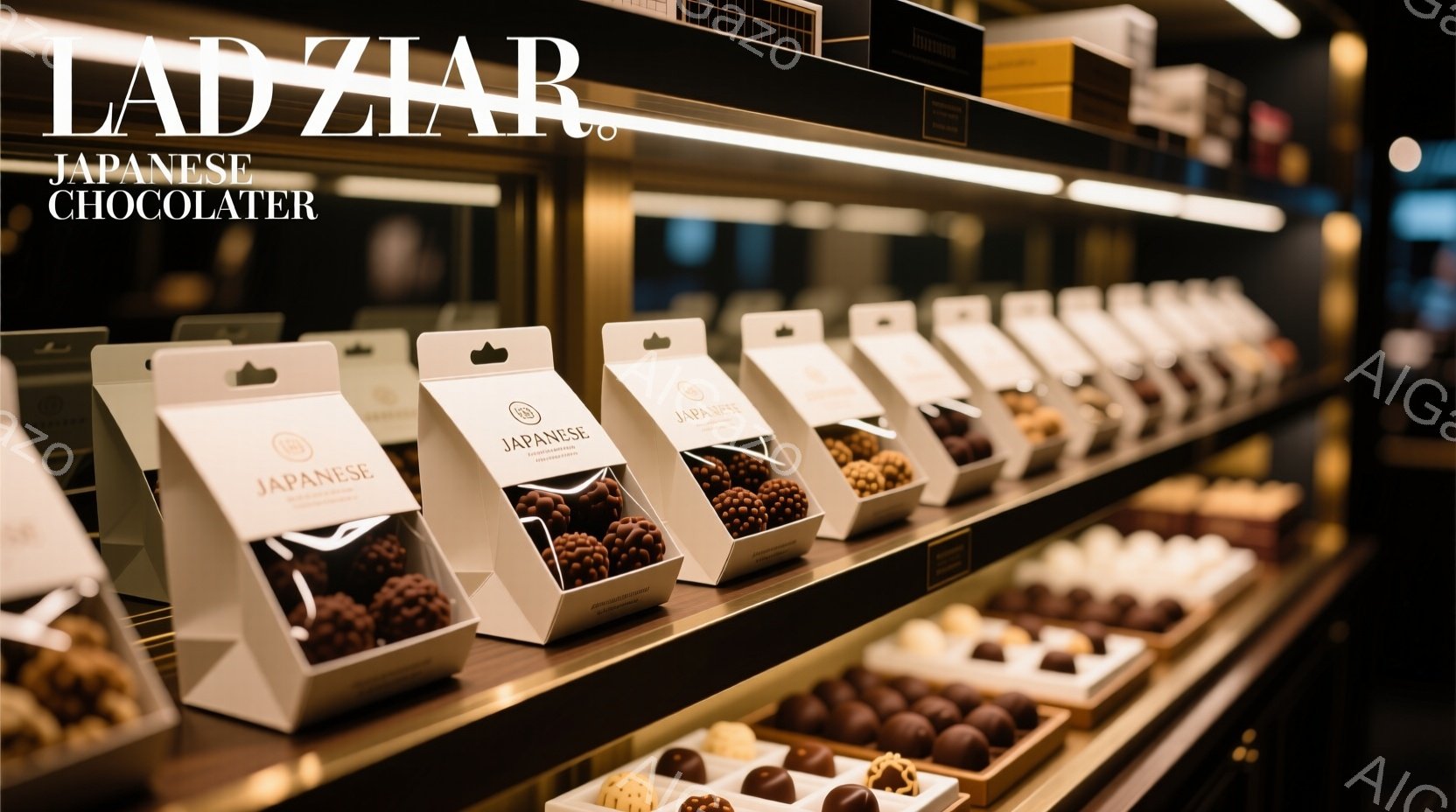 白い箱の中に並んだチョコレートが、明るい照明の下で美しく輝いている。箱には「JAPANESE」の文字が記され、高級感と洗練された雰囲気を醸し出している。背景はぼかされており、チョコレートに焦点が当てられ、食欲をそそる魅力的な光景である。