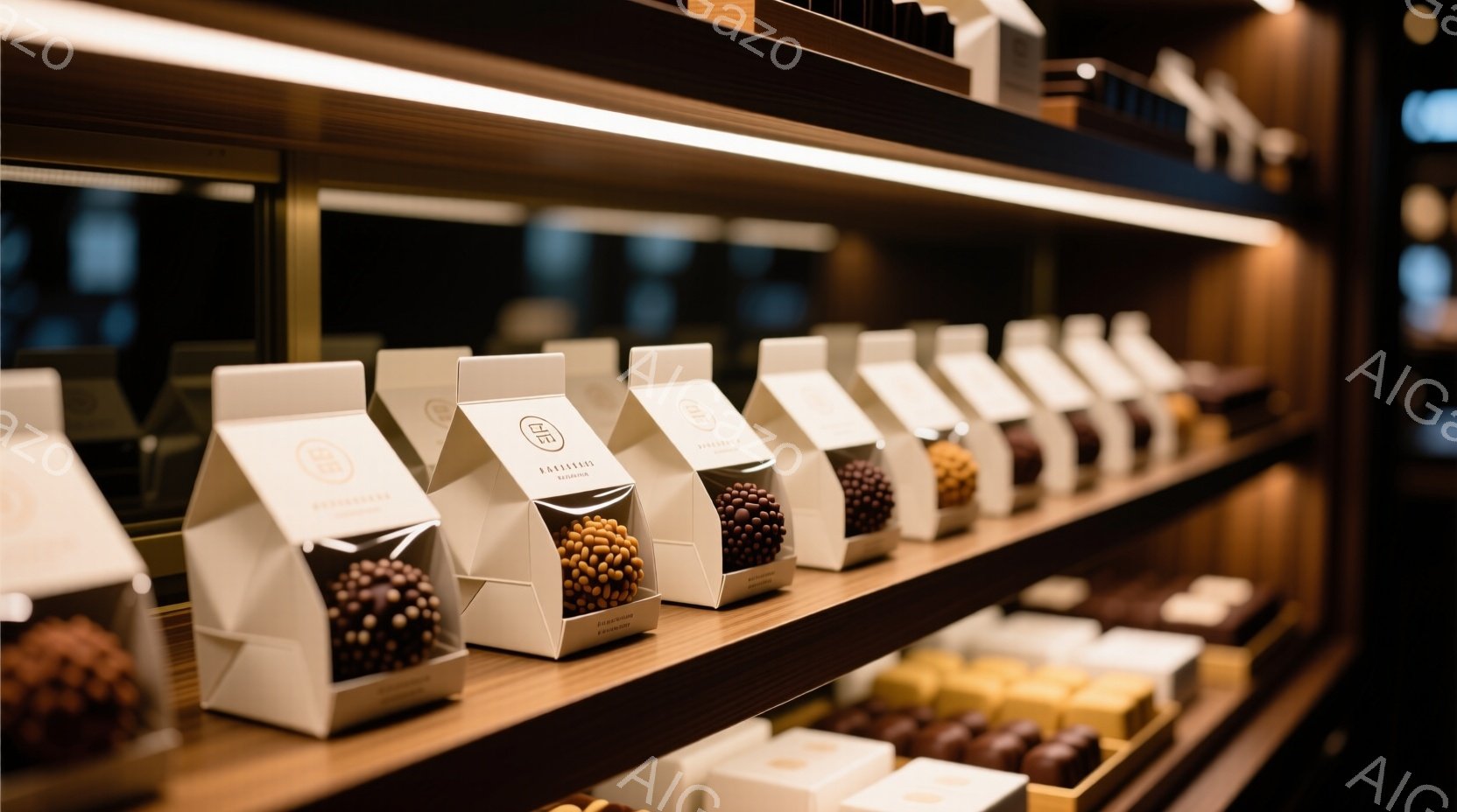 白い紙袋が棚に整然と並べられており、中には丸いチョコレート菓子が見える。袋には控えめなロゴが印刷されており、背景は木製の棚とぼやけた光で、上品で洗練された雰囲気を醸し出している。チョコレート菓子の色合いが異なり、多様なフレーバーがあることを示唆している。