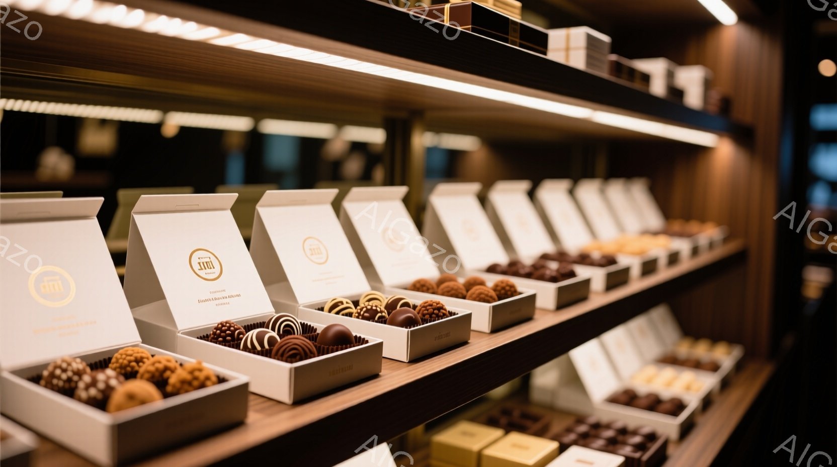 白い箱の中に様々なチョコレートが整然と並べられており、高級感のあるチョコレート専門店の商品展示の様子がうかがえる。箱にはブランドロゴが印刷されており、チョコレートは艶やかで食欲をそそる。背景は木目調の落ち着いた色合いで、照明がチョコレートを優しく照らしている。