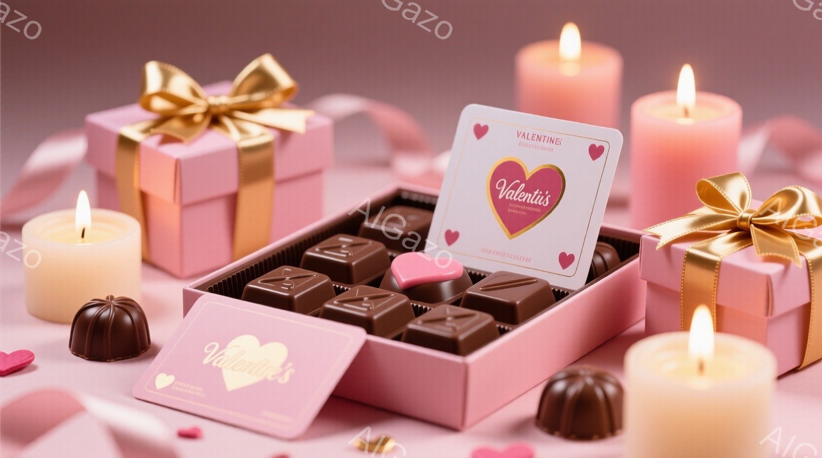 バレンタインデーを連想させる、チョコレートとキャンドルの静物画です。ハート型のチョコレートや様々な形のチョコレートが、ピンク色の箱の中に並べられています。背景には、ピンク色の壁とぼんやりとした光があり - AI生成フリー素材