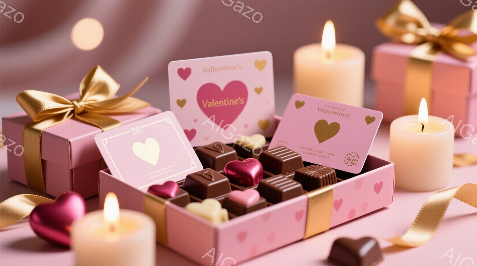 バレンタインデーを連想させるピンクと茶色のチョコレートが、ピンク色のギフトボックスにぎっしりと詰まっています。ギフトボックスの側には、金色のリボンとメッセージカードが添えられ、その周りには、点灯したキャンドルとチョコレートが置かれ、ロマンチックな雰囲気を醸し出しています。背景はぼかされており、チョコレートとギフトボックスが際立っています。