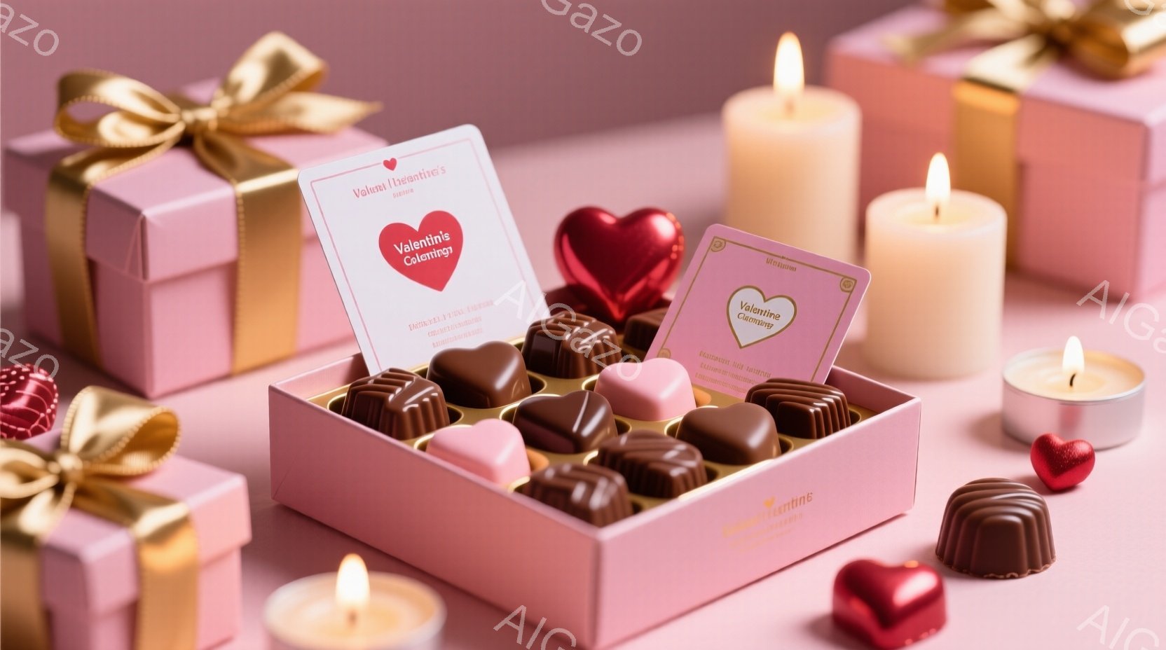 薄いピンク色の箱にチョコレートが並べられています。箱の周りには赤いリボンと小さなハート型の飾り、そして点灯したキャンドルが置かれ、ロマンチックな雰囲気を醸し出しています。背景はぼかされており、甘いバレ - AI生成フリー素材