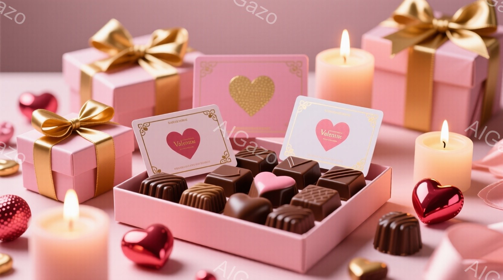 ピンクを基調とした背景に、チョコレートが並んだピンク色の箱、プレゼント、そしてバレンタインデーのカードが配置されています。温かい光を放つキャンドルがいくつか灯されており、ロマンチックで甘い雰囲気を醸し - AI生成フリー素材