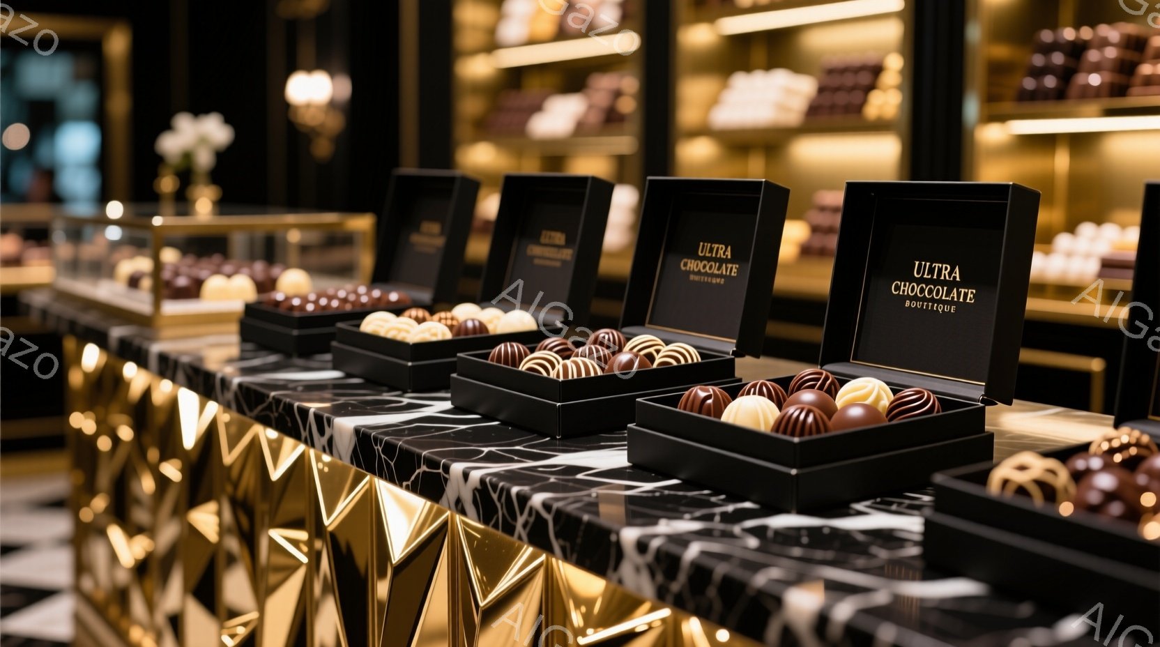 豪華なチョコレートブティックのカウンターに、黒い箱が並べられています。箱の中には、カラフルなチョコレートが宝石のように輝き、洗練された雰囲気を醸し出しています。背景には、金色の幾何学模様の壁が輝き、高級感とエレガントさを強調しています。