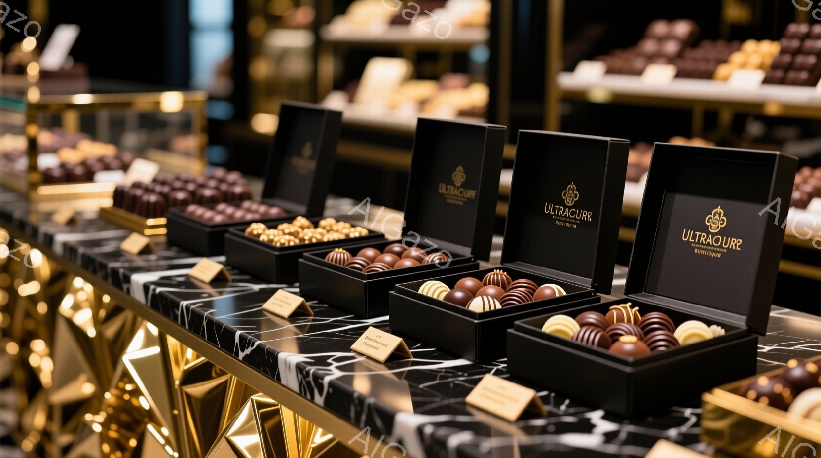 高級チョコレート専門店の一角を捉えています。黒と金色の装飾が施されたカウンターの上には、様々な種類のチョコレートが並んだ箱が整然と並べられており、それぞれに日本語で書かれた小さな説明カードが添えられています。全体的に洗練された雰囲気で、贅沢で上品な体験を提供する空間であることが伝わってきます。