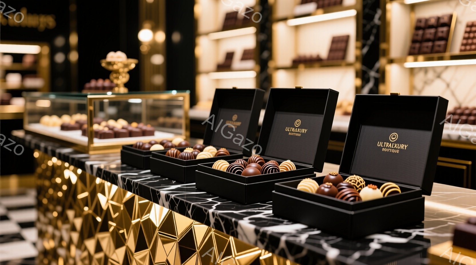 高級感のあるチョコレートが並んだ黒い箱が、大理石調のカウンターの上に整然と並べられています。背景には、ゴールドの装飾が施されたショーケースが見え、チョコレート専門店のような、洗練された雰囲気を作り出し - AI生成フリー素材