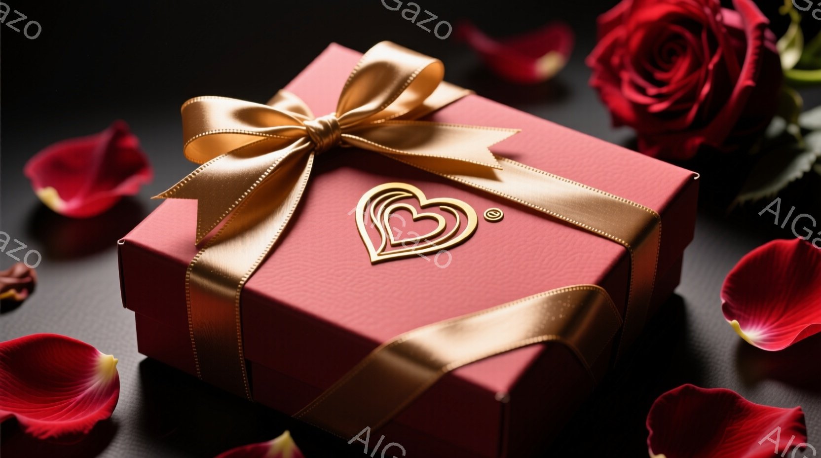 深紅色のギフトボックスが、金色のリボンで美しく飾られています。ボックスの表面には、重ねられたハートの模様が金色のエンボス加工で施されており、豪華さを添えています。背景には、散りばめられたバラの花びらと - AI生成フリー素材