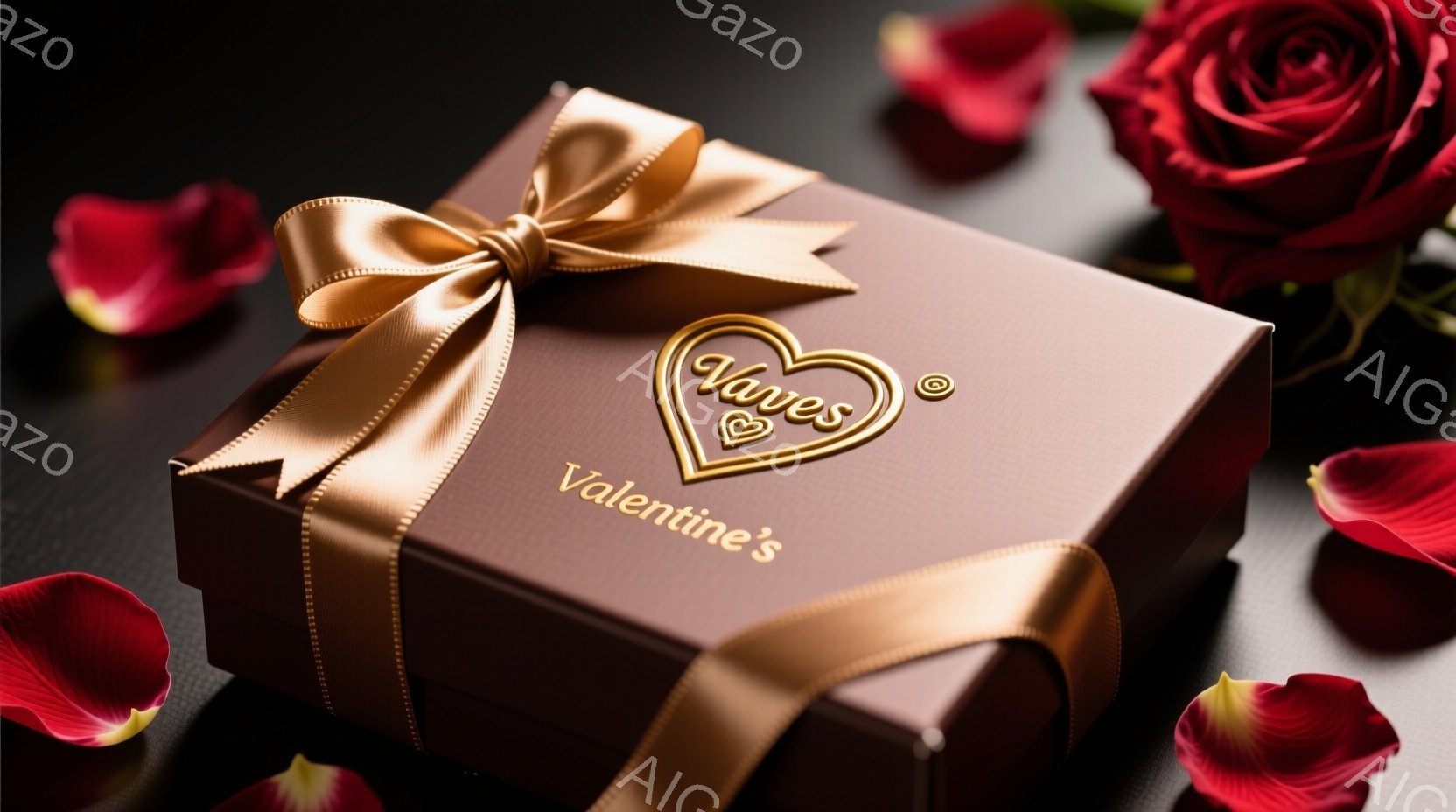 濃い茶色のギフトボックスが、金色のリボンで飾られ、左上には「Vales」と書かれた金色のロゴが輝いています。周りにはバラの花びらが散りばめられており、ロマンチックで特別な日の雰囲気を醸し出しています。全体的に、温かくエレガントな印象を与える画像です。