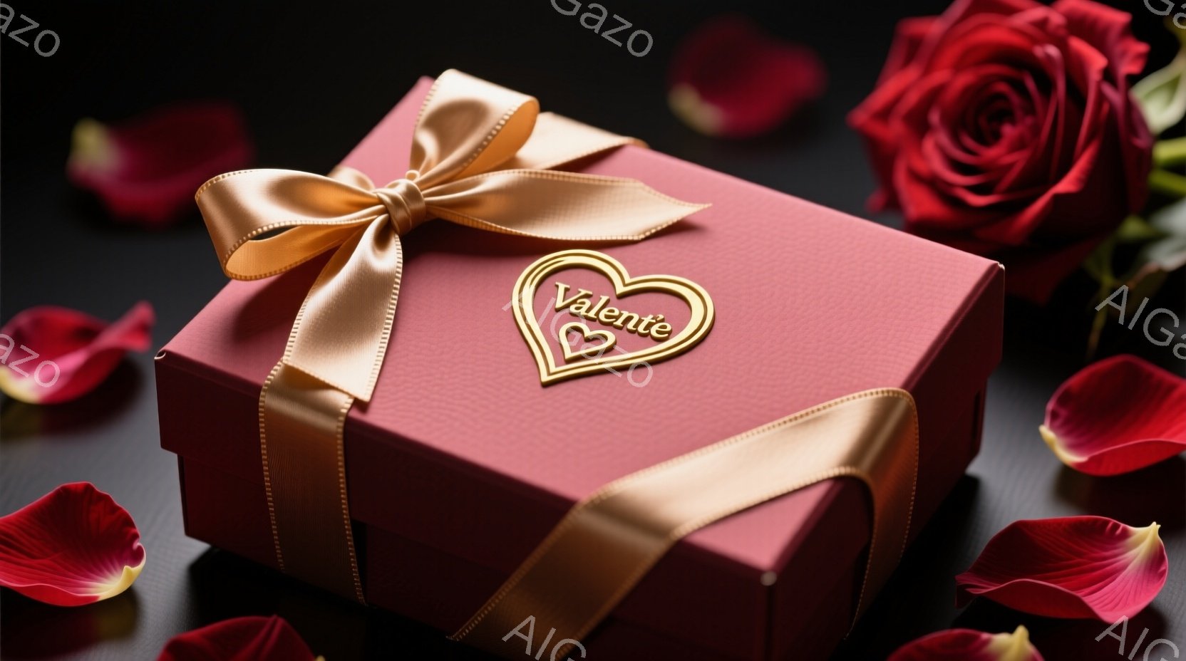 深い赤色のギフトボックスが、金色のリボンで美しく飾られています。ボックスには「Valente」と書かれたハート型のタグがついており、周囲にはバラの花びらが散らばっています。全体的にロマンチックで華やか - AI生成フリー素材