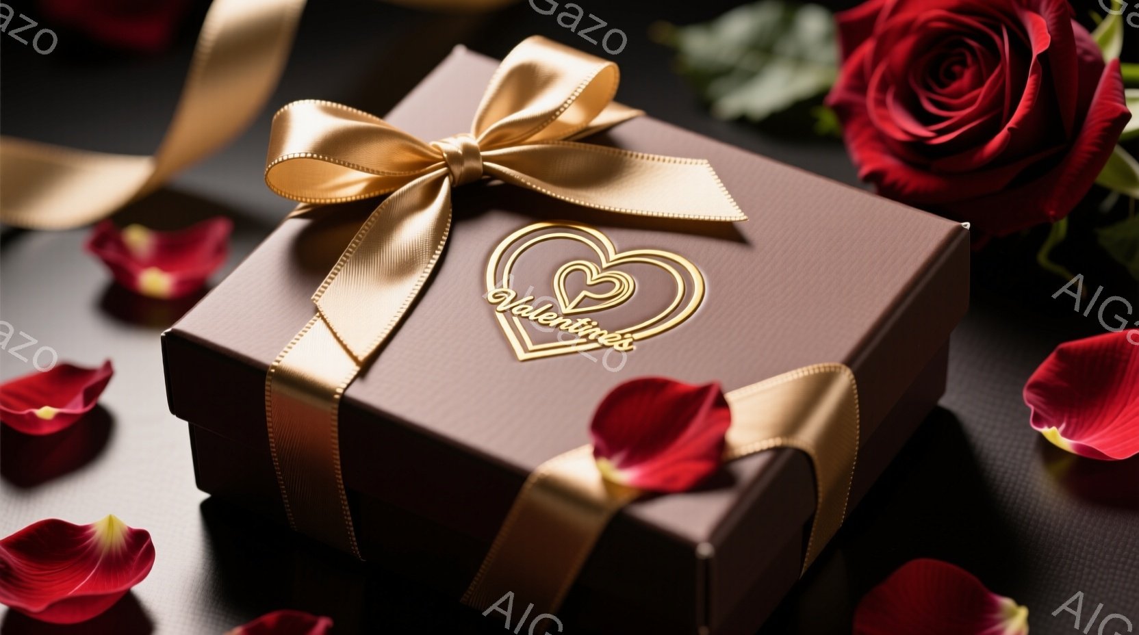 チョコレート色のギフトボックスが、金色のリボンで美しくラッピングされ、中央に「Valentins」と書かれた金色のハート型タグが飾られています。周りにはバラの花びらが散りばめられ、鮮やかな赤いバラが添 - AI生成フリー素材