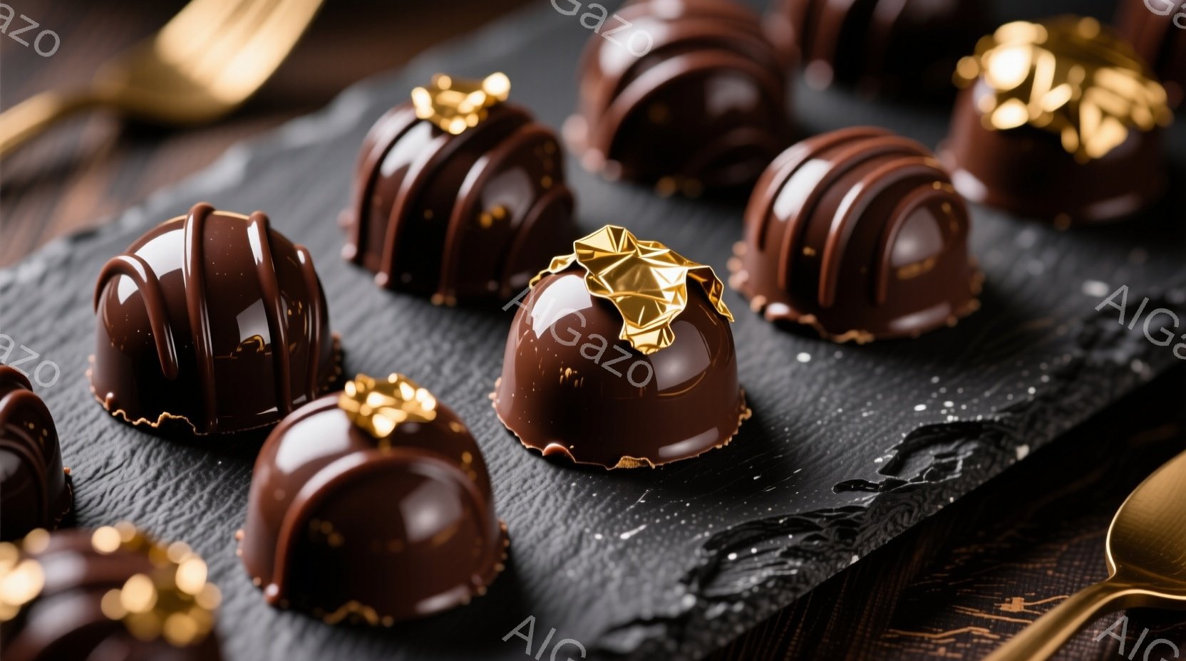 チョコレートのドーム状の菓子が、黒色の石板のような背景に並べられています。各チョコレートには金色の装飾が施されており、光沢のある茶色の表面が魅力的です。背景には溶けたチョコレートの模様が見え、高級感と美味しさを感じさせる構図となっています。