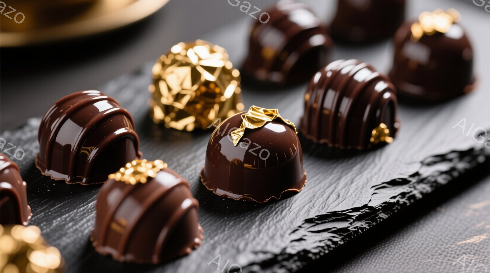 チョコレートの宝石のような盛り合わせが、黒色の石板のような背景に並べられています。光沢のあるチョコレートは様々な形状をしており、一部には金色の装飾が施され、高級感と上品さを醸し出しています。全体的に暗い色調で、チョコレートの豊かな色合いが際立ち、洗練された雰囲気を演出しています。