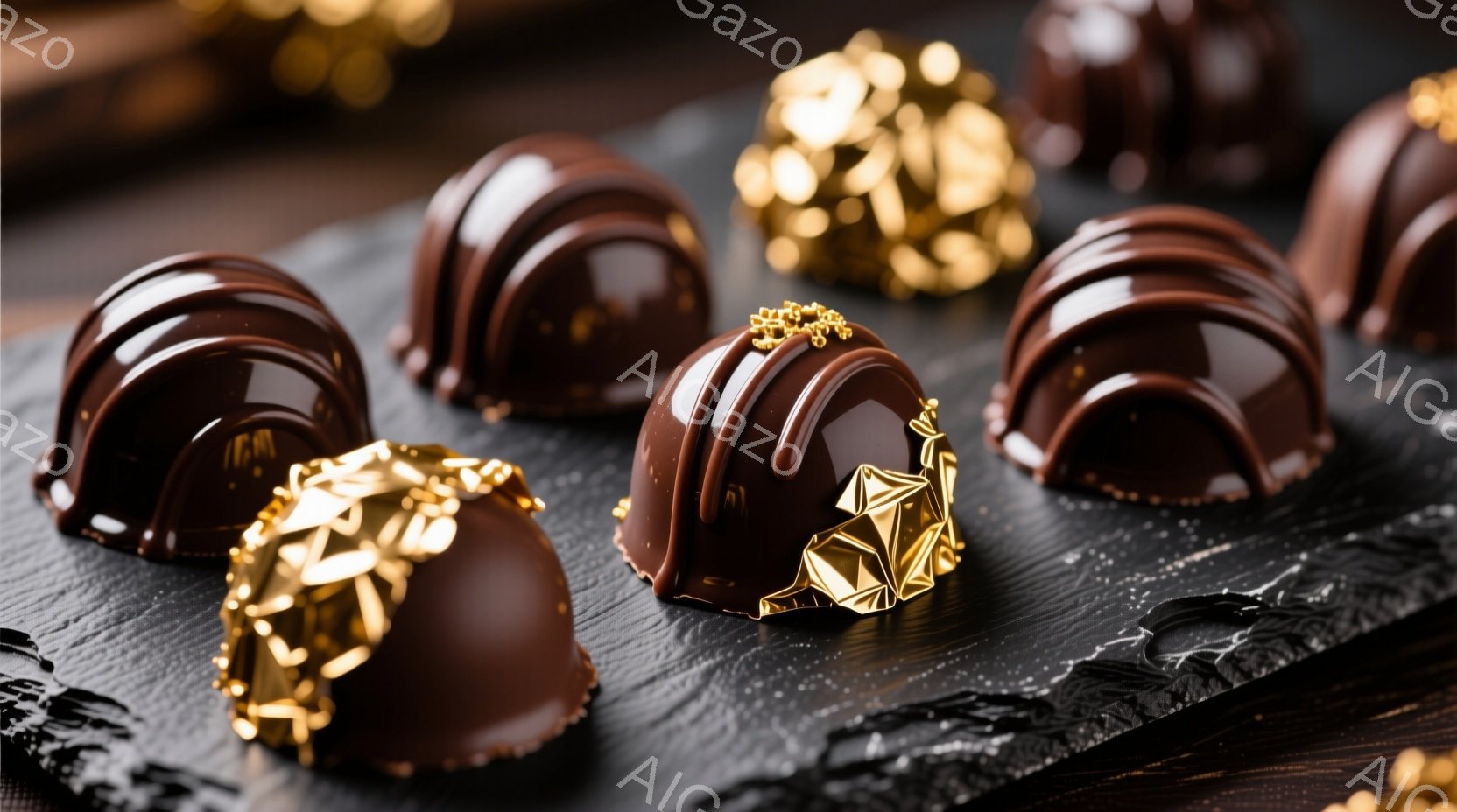 チョコレートの盛り合わせが黒色のスレートボード上に並んでいます。チョコレートは、金色の装飾が施されたものと、リボン状のチョコレートが施されたものなど、様々なデザインで、高級感と繊細さを感じさせます。全体的に、深みのある色合いと装飾が、特別な機会や贅沢な時間を示唆する、洗練された雰囲気を作り出しています。
