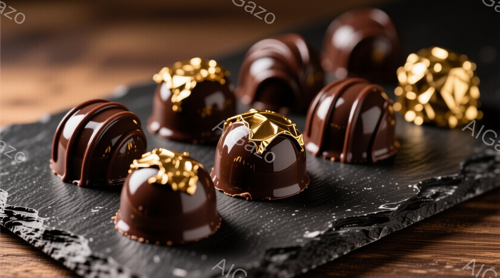 チョコレートの盛り合わせが、黒のスレート板の上に美しく並べられています。チョコレートは光沢のある茶色で、一部には金箔が飾られており、高級感と上品さを醸し出しています。背景は暖色系の木目で、チョコレートの魅力を引き立て、全体的に落ち着いた雰囲気を醸し出しています。