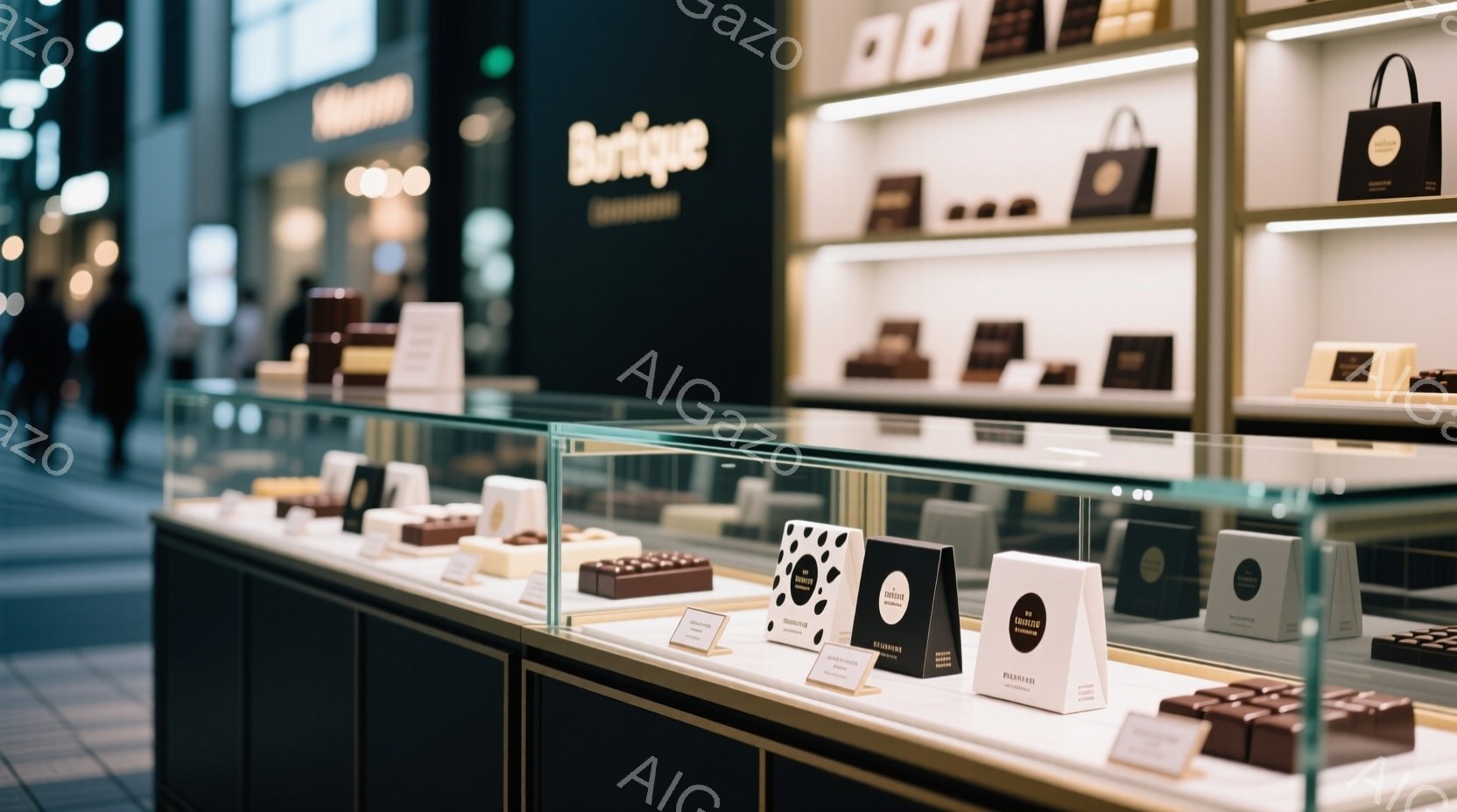 ショーケースには様々なチョコレートが整然と並べられ、それぞれの前に商品名を書いた小さなカードが置かれています。背景には「BUTTERFIELD」と書かれた看板が見え、高級感のある落ち着いた雰囲気の店内で、商品の陳列に重点が置かれていることがわかります。ショーケースの上にはブランドのロゴ入りのショッピングバッグが並べられており、洗練された印象を与えます。