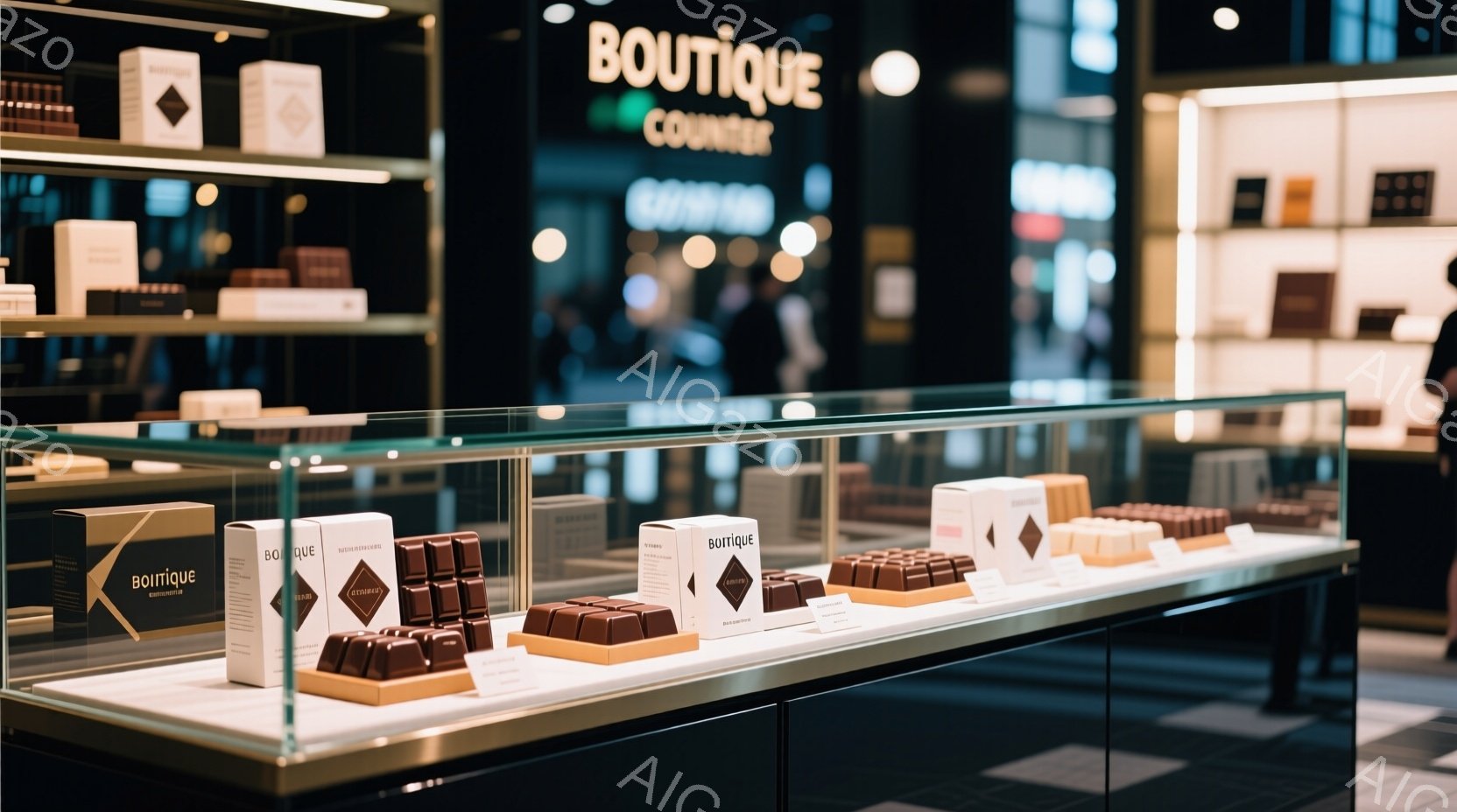 ショーケースの中に、包装されたチョコレートが整然と並べられています。背景にはぼやけた人影が見え、高級ブティックやデパートのような場所であることがわかります。全体的に落ち着いた色調で、洗練された上品な雰 - AI生成フリー素材