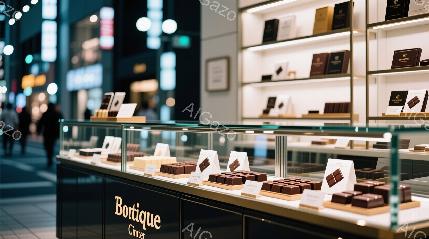 ショーケースには、丁寧に並べられた様々なチョコレートが並んでいる。背景にはぼやけた都市の夜景が見え、ショーケースのロゴ「Boutique Ginter」が際立っている。全体的に、洗練された高級感のある雰囲気で、チョコレートの魅力を引き立てている。