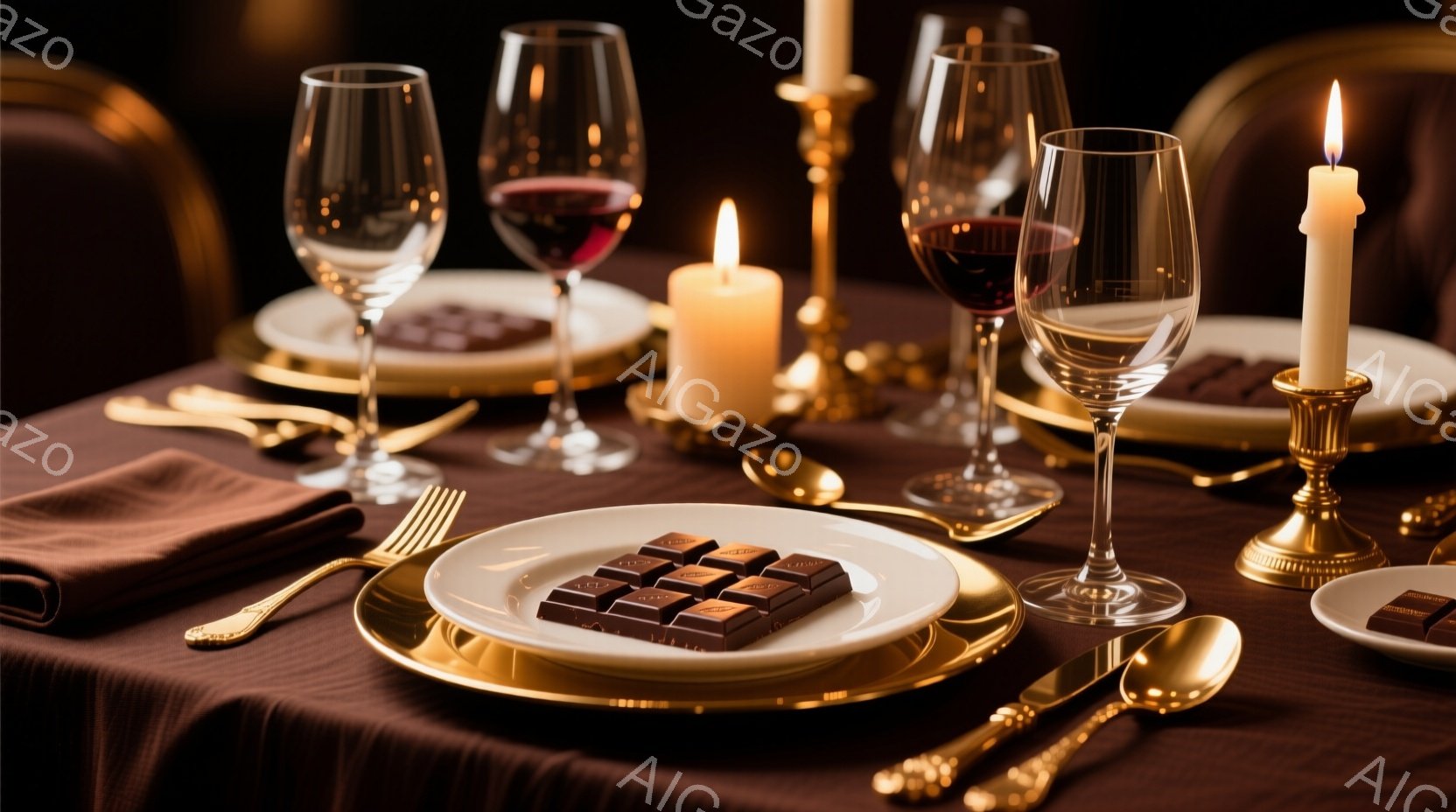 テーブルの上には、チョコレート、ワイングラス、そしてキャンドルが配置されており、豪華なディナーの準備が整っている様子が伺えます。ワイングラスには赤ワインが注がれており、チョコレートは四角い形にカットさ - AI生成フリー素材