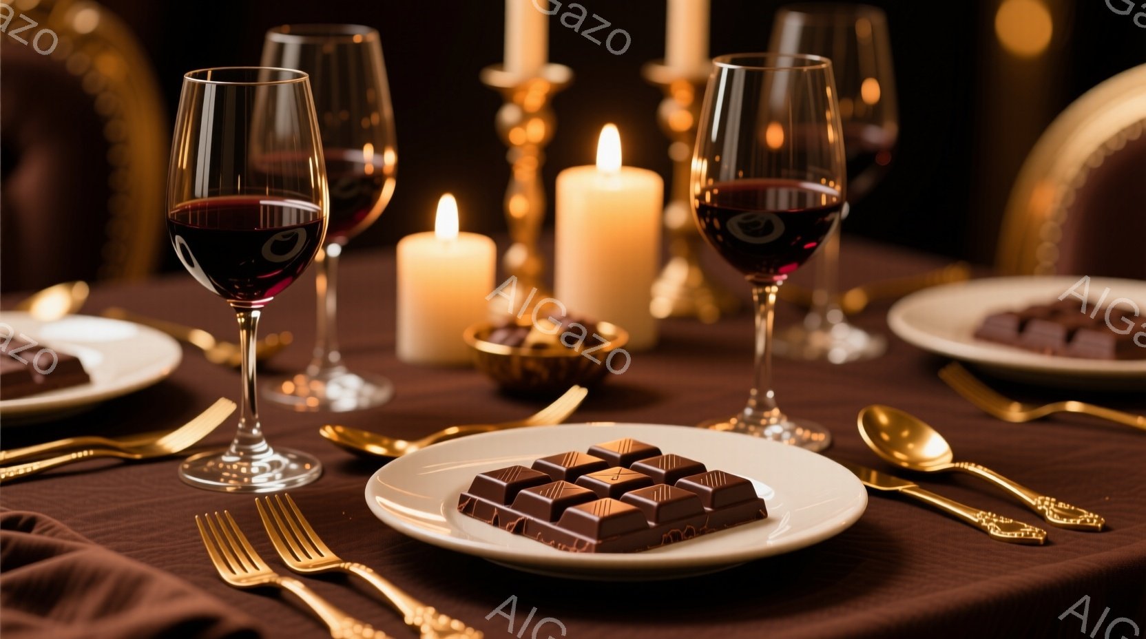 濃い茶色のテーブルクロスの上に、ワイングラスとチョコレートが置かれたディナーセットが並んでいる。キャンドルの灯りが暖かく、ロマンチックな雰囲気を醸し出しており、特別な夜を過ごすための準備が整っているよ - AI生成フリー素材
