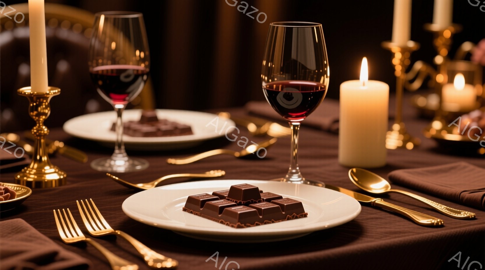 濃い茶色のテーブルクロスの上に、チョコレートの盛り合わせとワイングラスが置かれています。キャンドルや金色のカトラリーが暖かくロマンチックな雰囲気を醸し出しており、特別な夜を演出する食卓の様子が伺えます。背景は暗く、フォーマルで洗練されたディナーシーンを表しています。