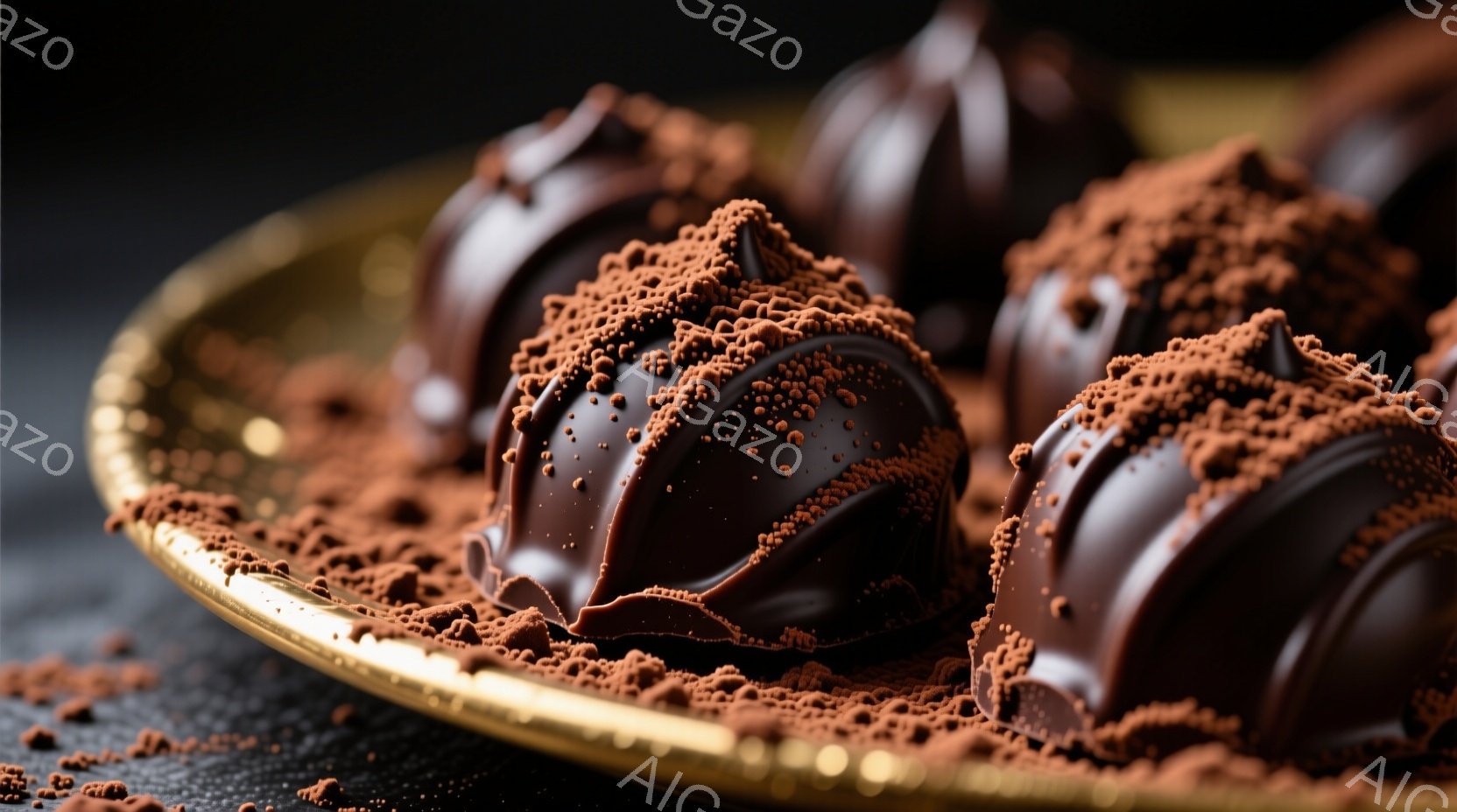 チョコレート菓子が金色の皿の上に並べられています。チョコレートは深みのある茶色で、表面にはココアパウダーがふんだんにまぶされています。背景は暗く、チョコレートの甘美な雰囲気を引き立てています。