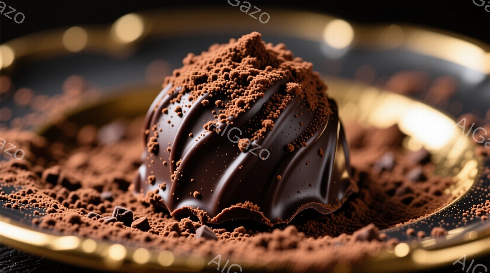 チョコレートの美しい盛り付けで、深い茶色のチョコレート菓子が、きめ細かいココアパウダーのベッドの上に置かれています。チョコレート菓子は複雑な溝模様が施され、光沢があり、高級感があります。背景は暗く、金色の縁取りのある皿が、チョコレートの深みと美しさを際立たせています。