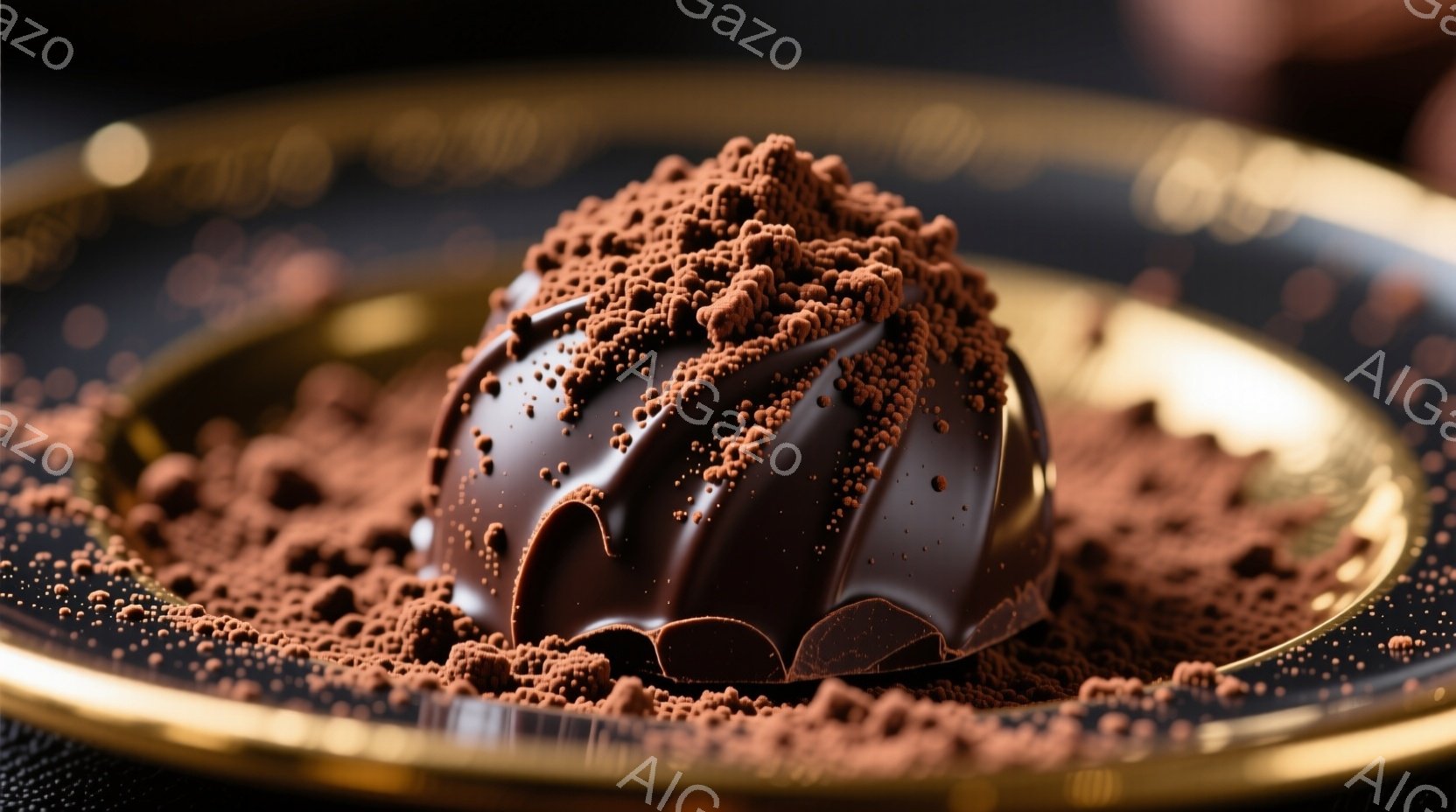 チョコレート菓子が、金色の縁取りのある黒い皿に盛られたココアパウダーの上に置かれています。チョコレートは光沢があり、複雑な模様が施されており、一部が砕けてココアパウダーと混ざり合っています。 全体的に、高級感があり、食欲をそそる雰囲気です。