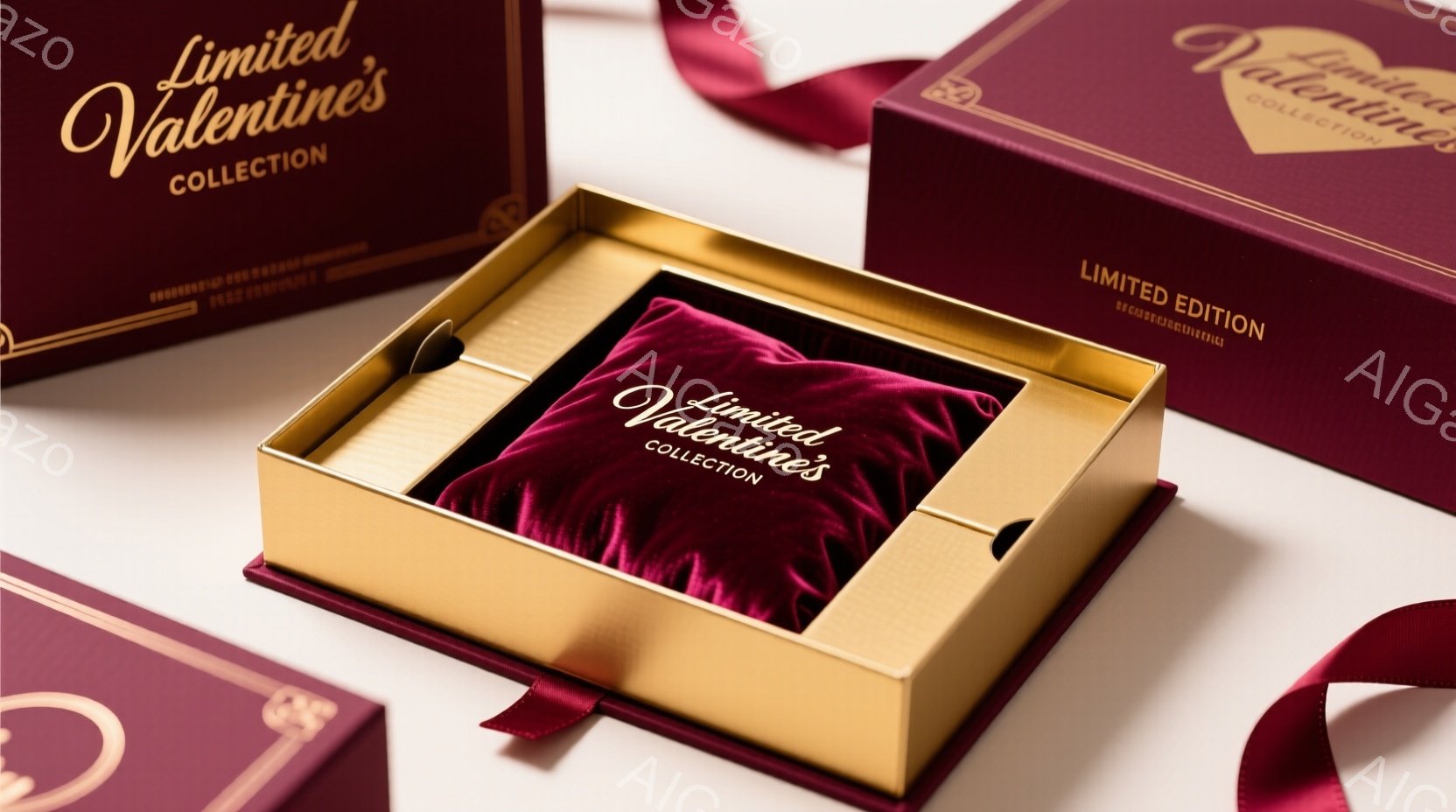深い赤色のベルベット生地で覆われた小さな正方形の箱が、金色の内張りの開いたギフトボックスの中に置かれています。ギフトボックスは、金色の縁取りと「Limited Valentine」という文字が描かれた赤いリボンで飾られています。背景は白く、贈り物とリボンの赤い色が際立っており、高級感とロマンチックな雰囲気を醸し出しています。