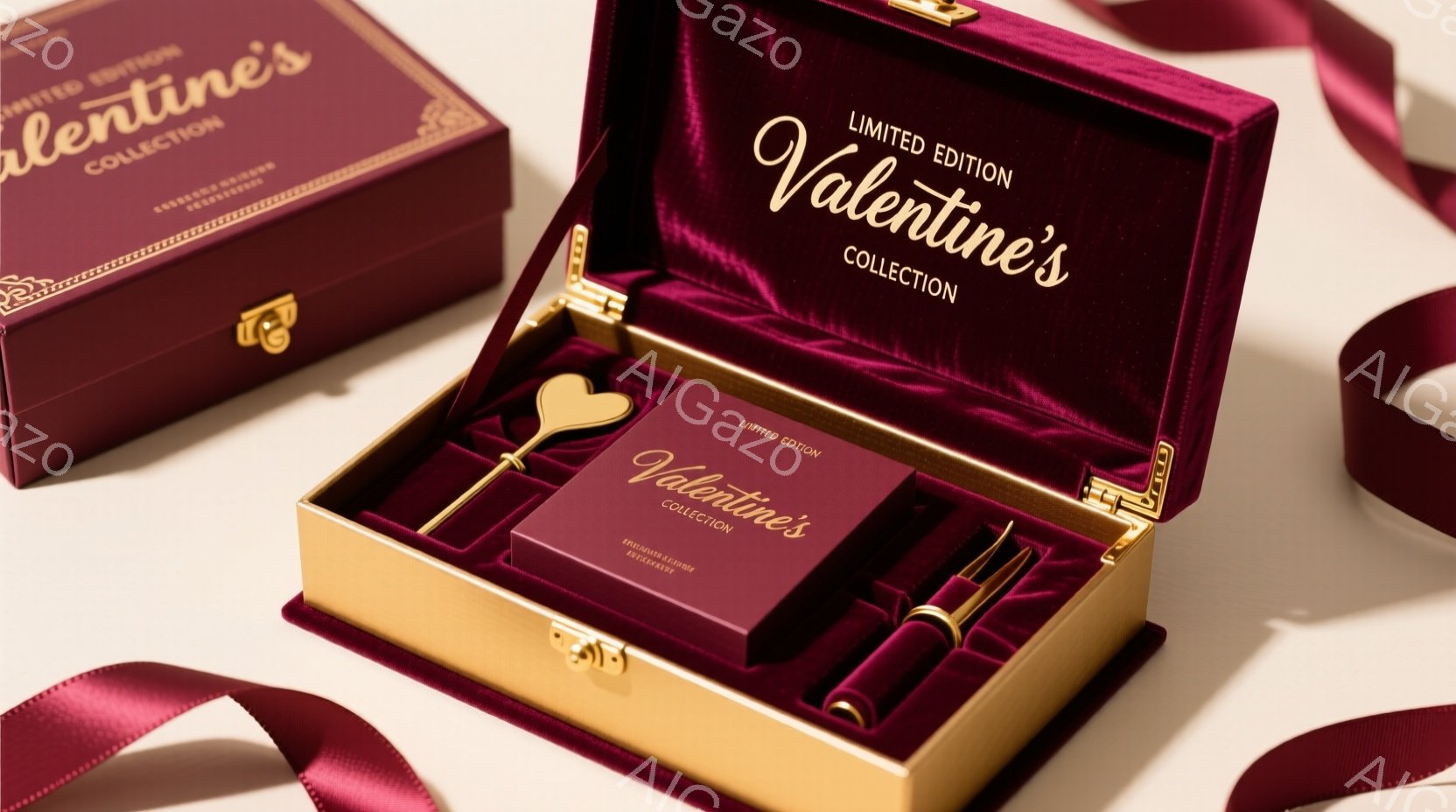 鮮やかな赤色のベルベットの箱が2つ写っており、片方は開いて中身が見えている。箱の中には、ブランド名「Valentine's Collection」と書かれた赤い箱と、ゴールドのペン2本、ハート型の小物が収められている。背景は白で、全体的に高級感があり、バレンタインデーやギフトを連想させる雰囲気である。