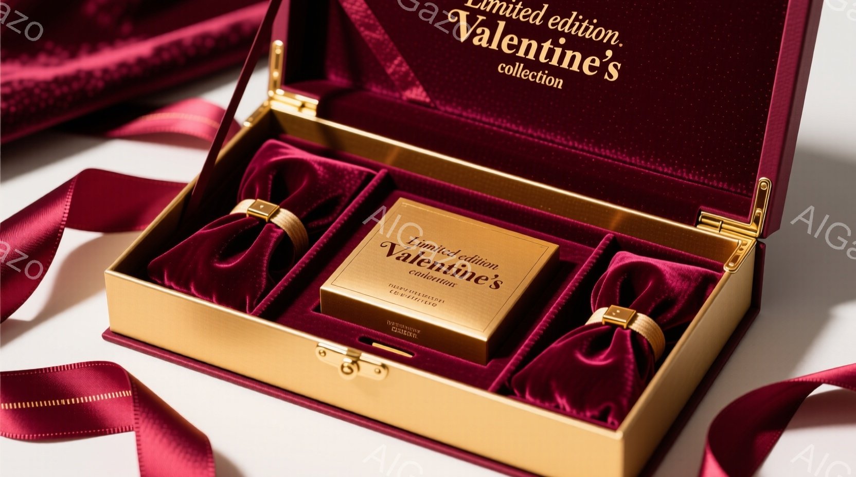 真っ赤なベルベットの箱が開いており、その中に金色のカードが入っています。カードには「Limited edition Valentine’s collection」と書かれており、高級感とロマンチックな雰囲気を醸し出しています。箱の縁はゴールドで縁取られており、さらに上品さを強調しています。