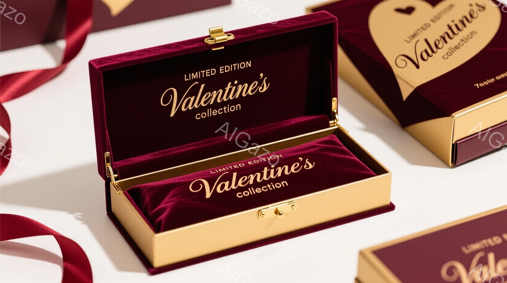 鮮やかなワインレッドのベルベットのような質感のギフトボックスが写っています。金色の縁取りと留め具がアクセントとなり、ボックスの蓋は開いており、中には何かが収められているようです。背景には同じデザインの閉じたギフトボックスと、赤いリボンがわずかに見え、高級感とロマンチックな雰囲気を醸し出しています。