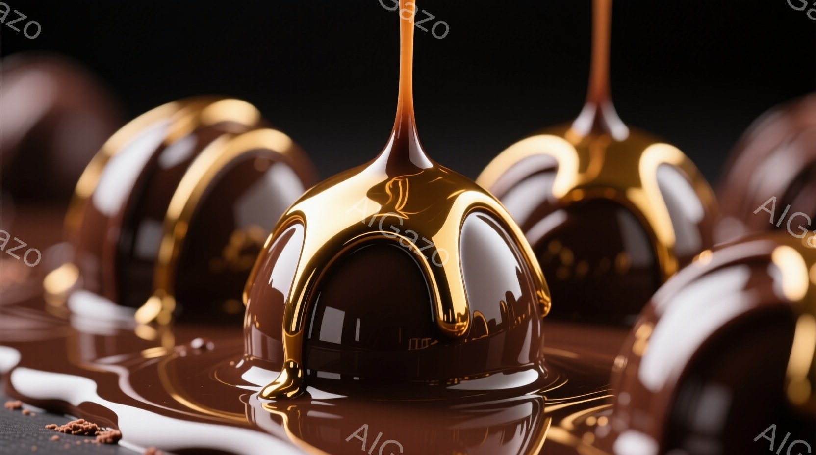 濃い茶色のチョコレートが、表面に光沢のある球状のチョコレート菓子に垂れ流されています。背景は暗く、他のチョコレート菓子がぼやけて配置されており、チョコレートの濃厚さと贅沢な雰囲気を強調しています。滴るチョコレートは、甘くておいしいお菓子のイメージを喚起させます。