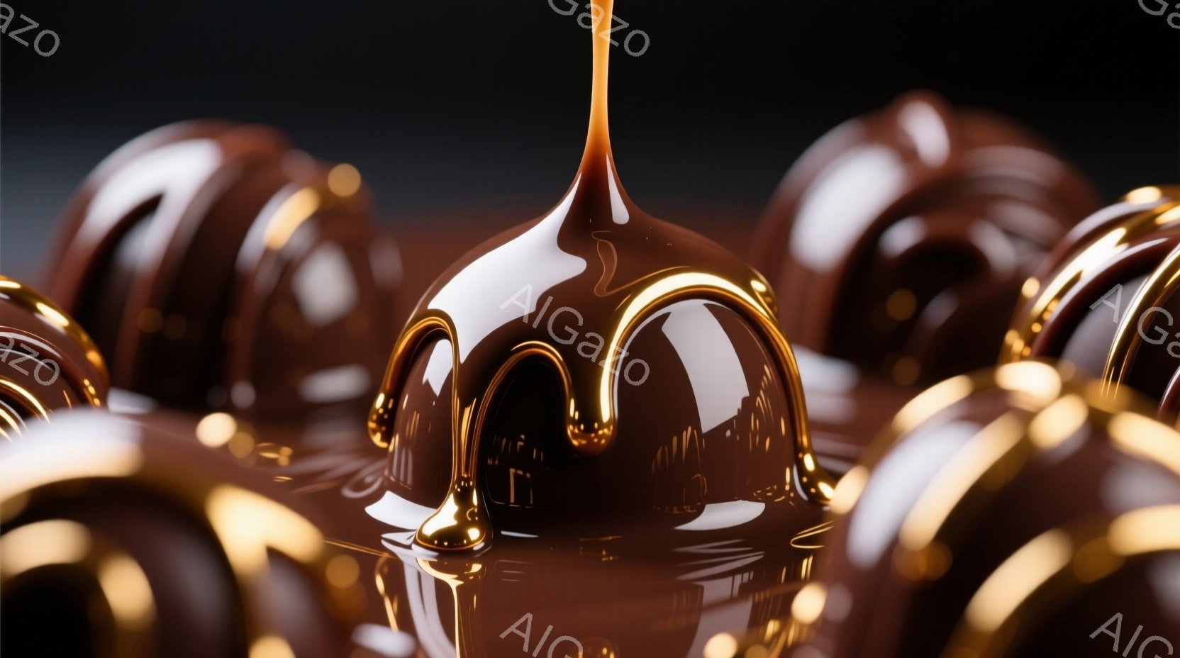 チョコレートが溶け出した様子が捉えられた画像です。深みのある茶色のチョコレートが丸い塊から流れ落ち、光沢のある表面が強調されています。背景は暗く、チョコレートの豊かな色合いと流動性を際立たせています。 - AI生成フリー素材