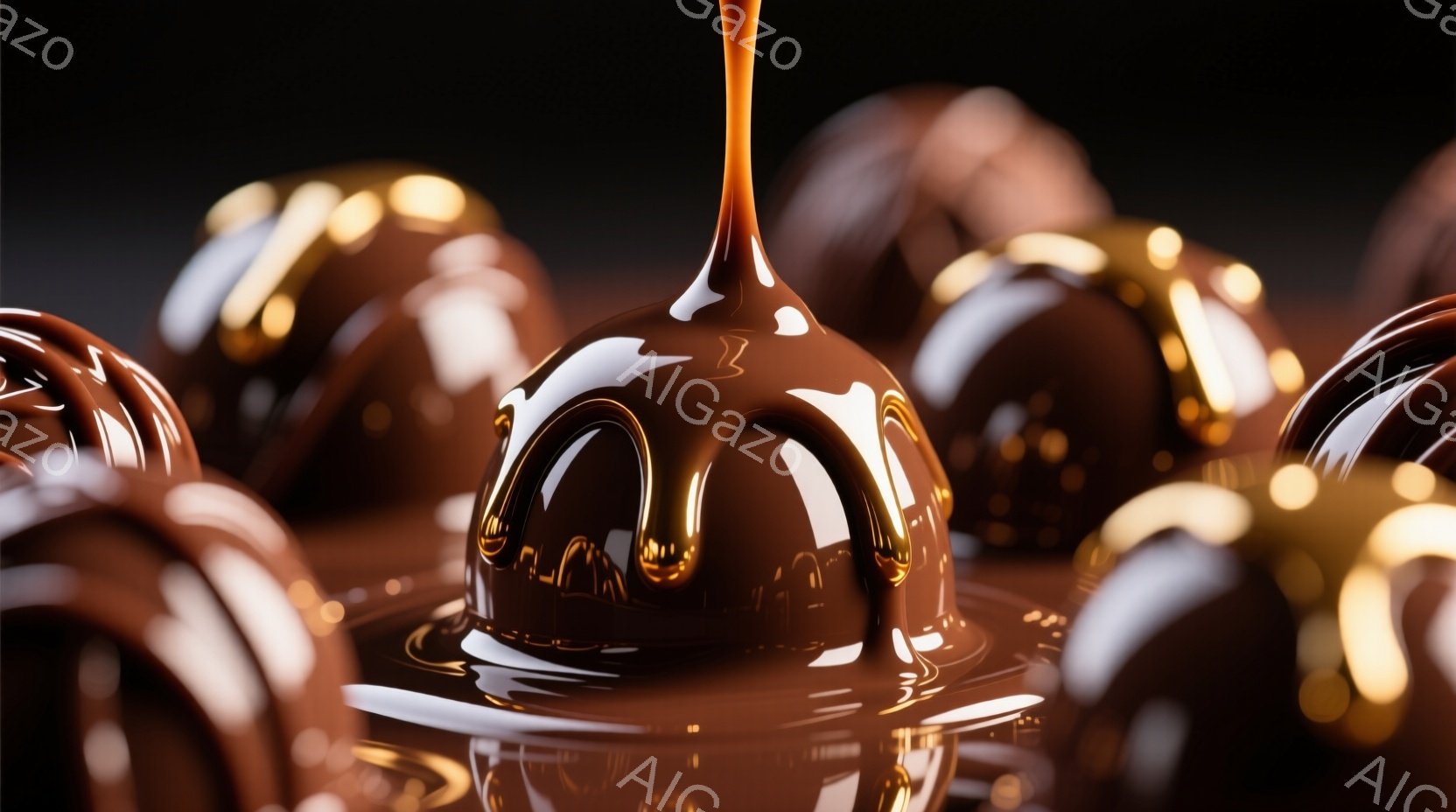 濃厚なチョコレートソースが、丸いチョコレート菓子の上に滴り落ち、その光沢と流れが美しい対比を生み出している。背景は暗く、チョコレート菓子のつややかな茶色が際立ち、甘く贅沢な雰囲気を醸し出している。全体 - AI生成フリー素材