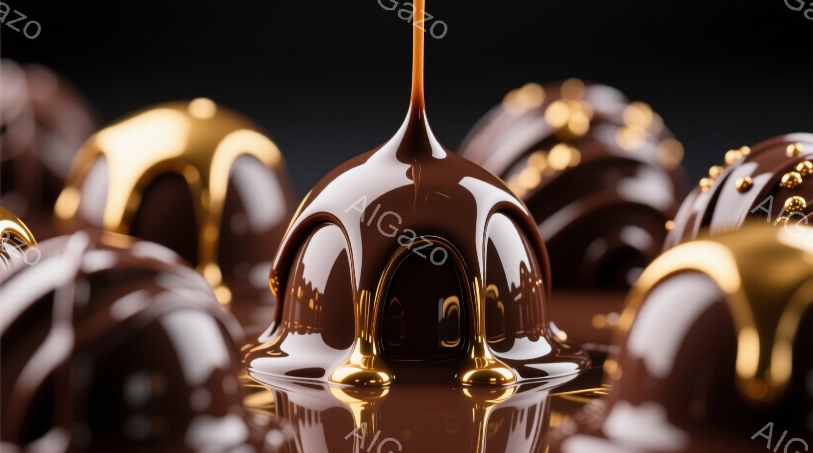 チョコレートが溶け出し、光沢のある茶色の塊が幾つかのチョコレートトリュフの周りに滴り落ちている様子が捉えられています。トリュフは深みのある茶色と金色の装飾が施されており、滑らかで光沢のある表面が強調さ - AI生成フリー素材