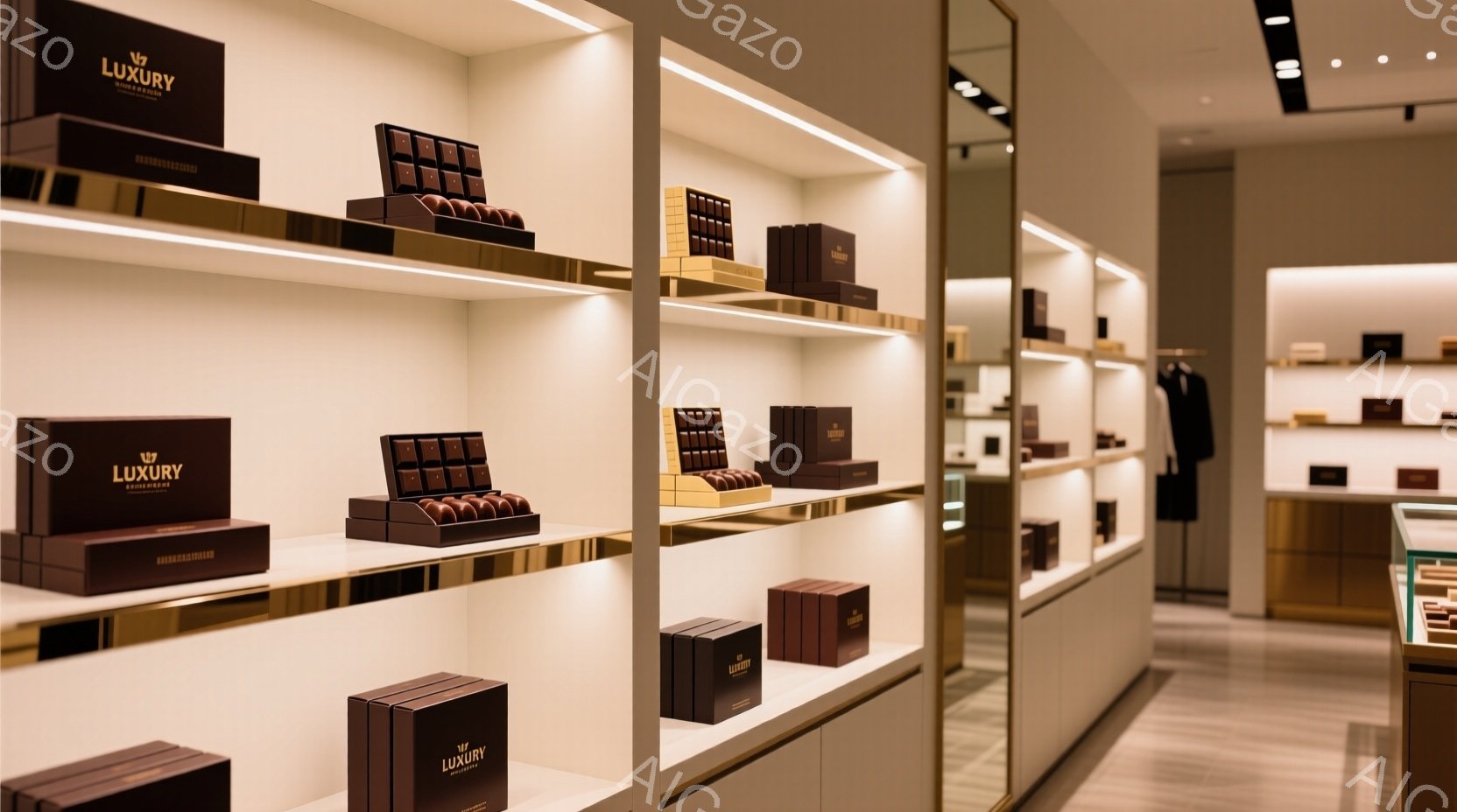 白を基調とした高級感のある店舗内部の様子で、壁一面に棚が設置され、茶色の箱が整然と並べられています。箱には「Luxury」というロゴが入っており、照明によって箱が美しく照らされています。背景には洋服が掛けられたラックが見え、全体的に洗練された落ち着いた雰囲気を醸し出しています。