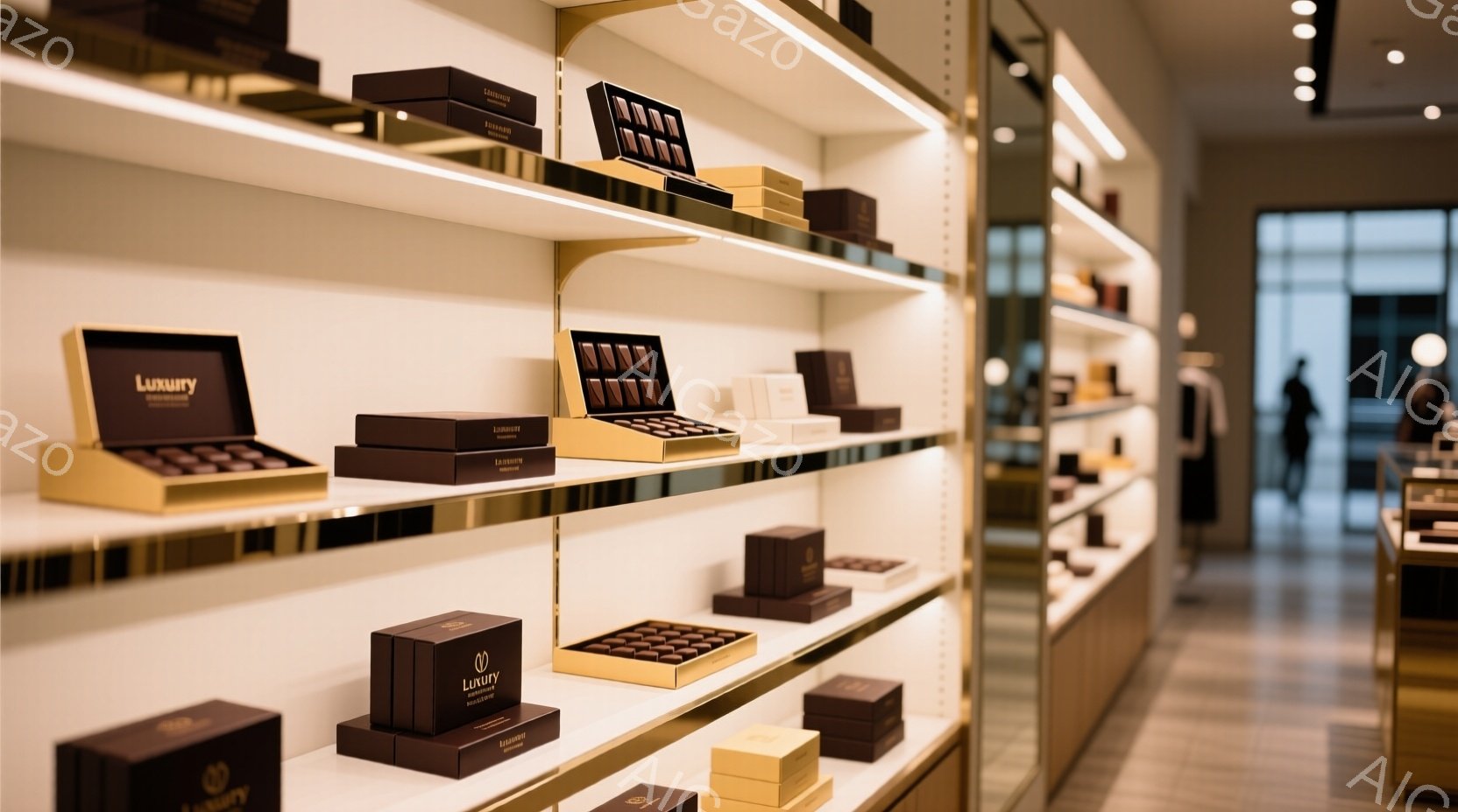白を基調とした高級感のある店舗内に、金色の棚が並び、様々なチョコレートがディスプレイされています。チョコレートはそれぞれ、黒や金色の箱に収められ、洗練された印象を与えます。奥には、ぼんやりと人物が見え、店舗の奥行きを感じさせます。
