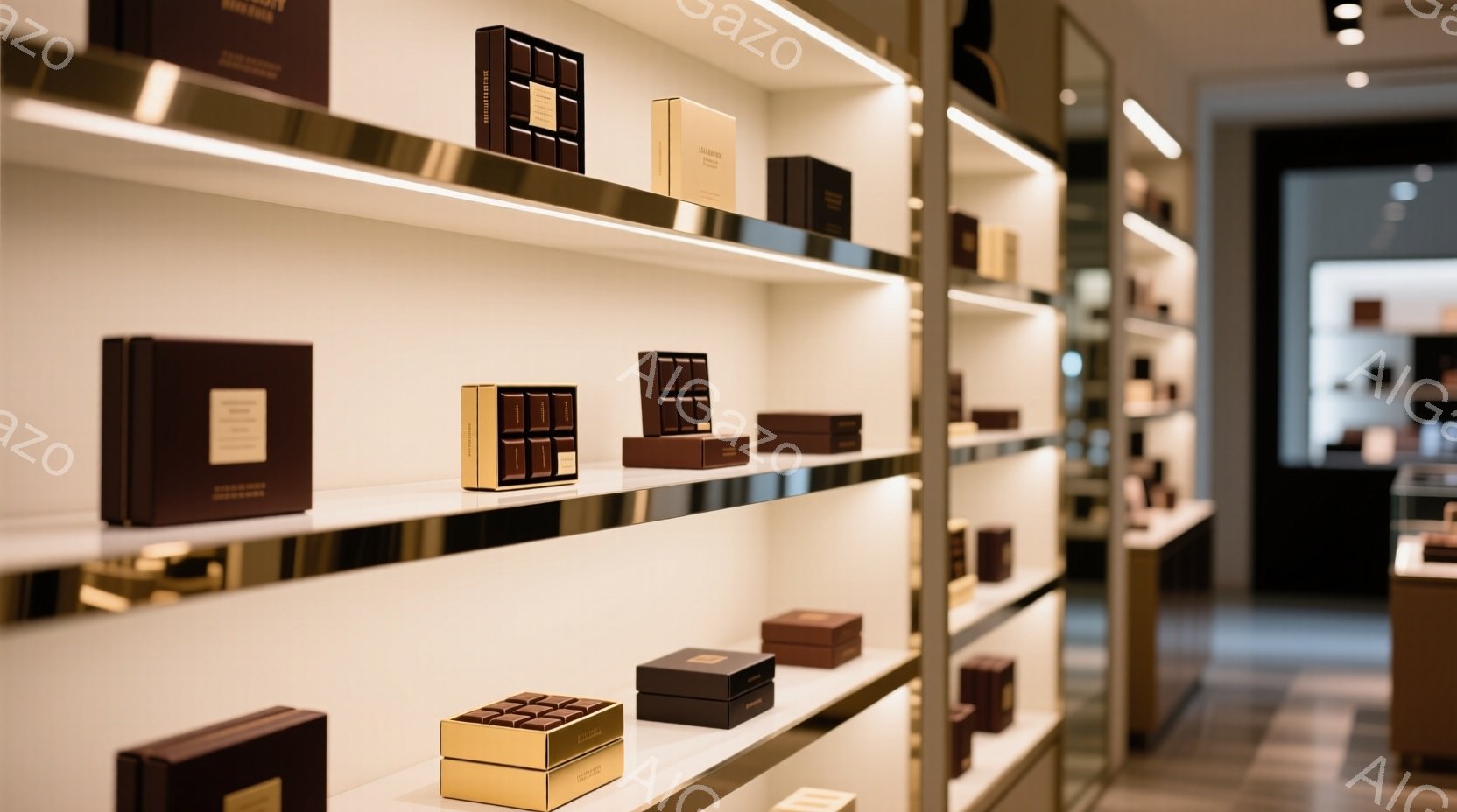 高級感のある店舗の棚に並べられた、茶色と金色の箱が並ぶ様子を捉えています。箱は、均等に配置され、美しく照らされており、洗練された雰囲気を醸し出しています。背景には、他の棚や店舗の一部が見え、全体として落ち着いた、高級な印象を与えます。