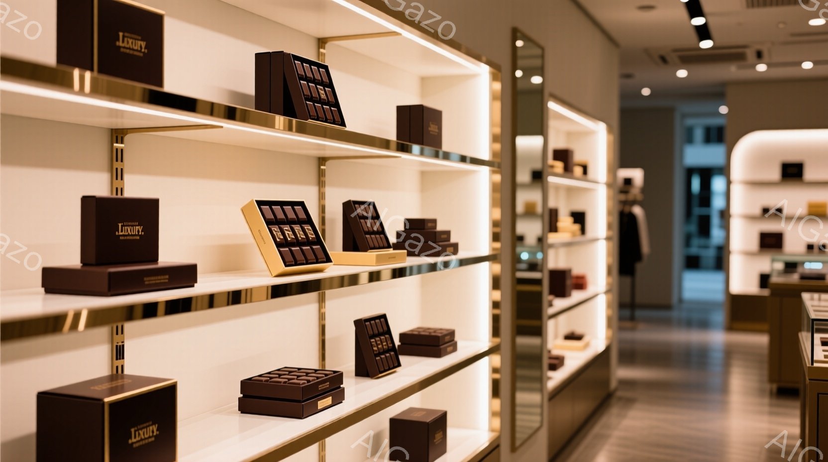 白を基調とした高級感のある店舗内の様子で、壁面には金色の縁取りがされた棚が設置されています。棚には、黒い箱と、その中に収められたネクタイやアクセサリーが整然と並べられています。背景には、マネキンが展示されているスペースが見え、全体的に落ち着いた、洗練された雰囲気が漂っています。