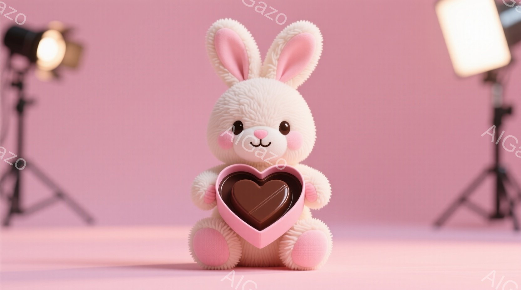 ふわふわの白いウサギのぬいぐるみは、ピンクのハート型の箱を抱えています。箱の中には茶色のチョコレートが詰まっているようです。背景は淡いピンク色で、左右に照明スタンドが配置され、可愛らしい雰囲気を醸し出 - AI生成フリー素材