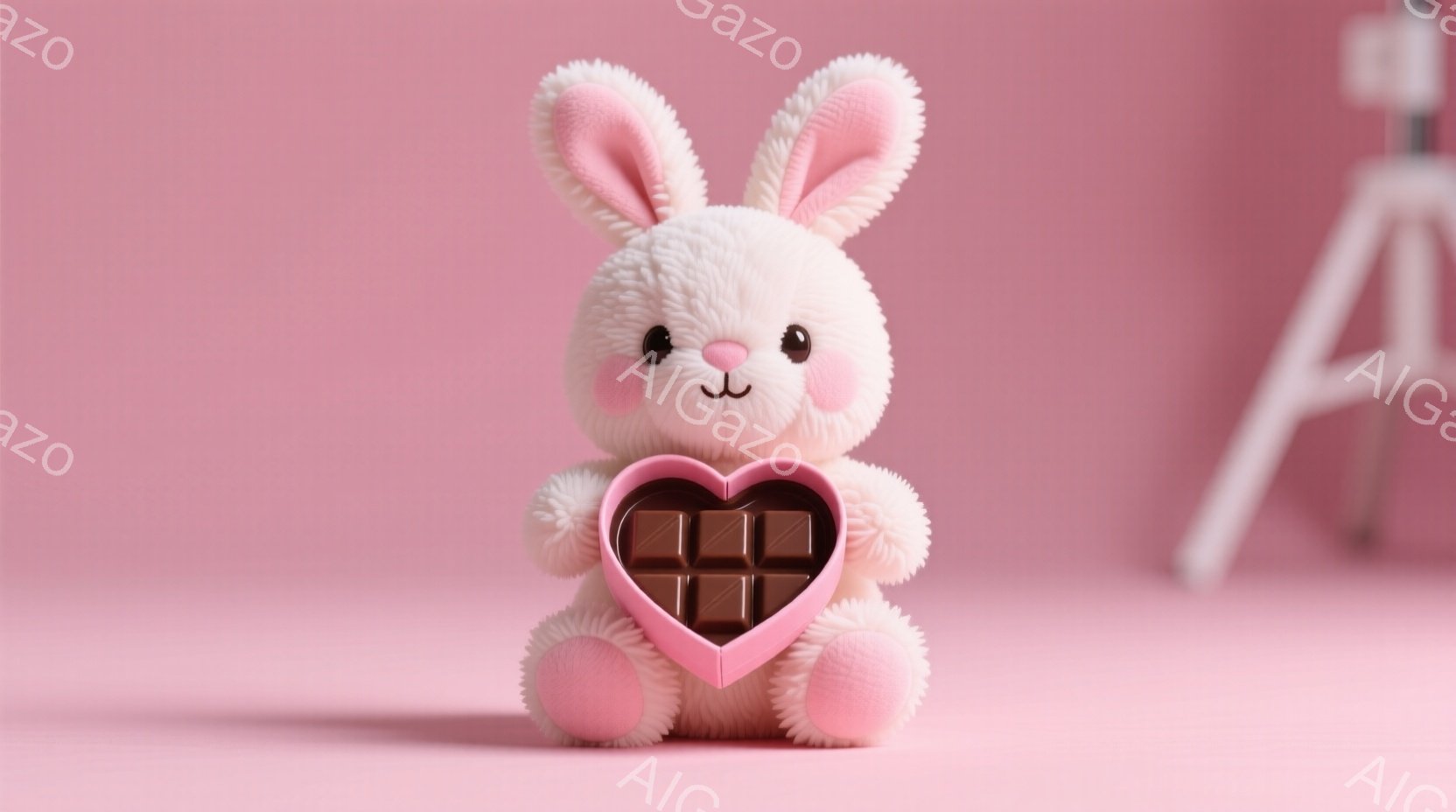 ふわふわのピンク色のウサギのぬいぐるみは、ハート型のチョコレートボックスを抱えています。ウサギは丸い顔をしており、つぶらな瞳と小さな鼻が愛らしい表情を作り出しています。背景はパステルピンクで、ウサギの - AI生成フリー素材