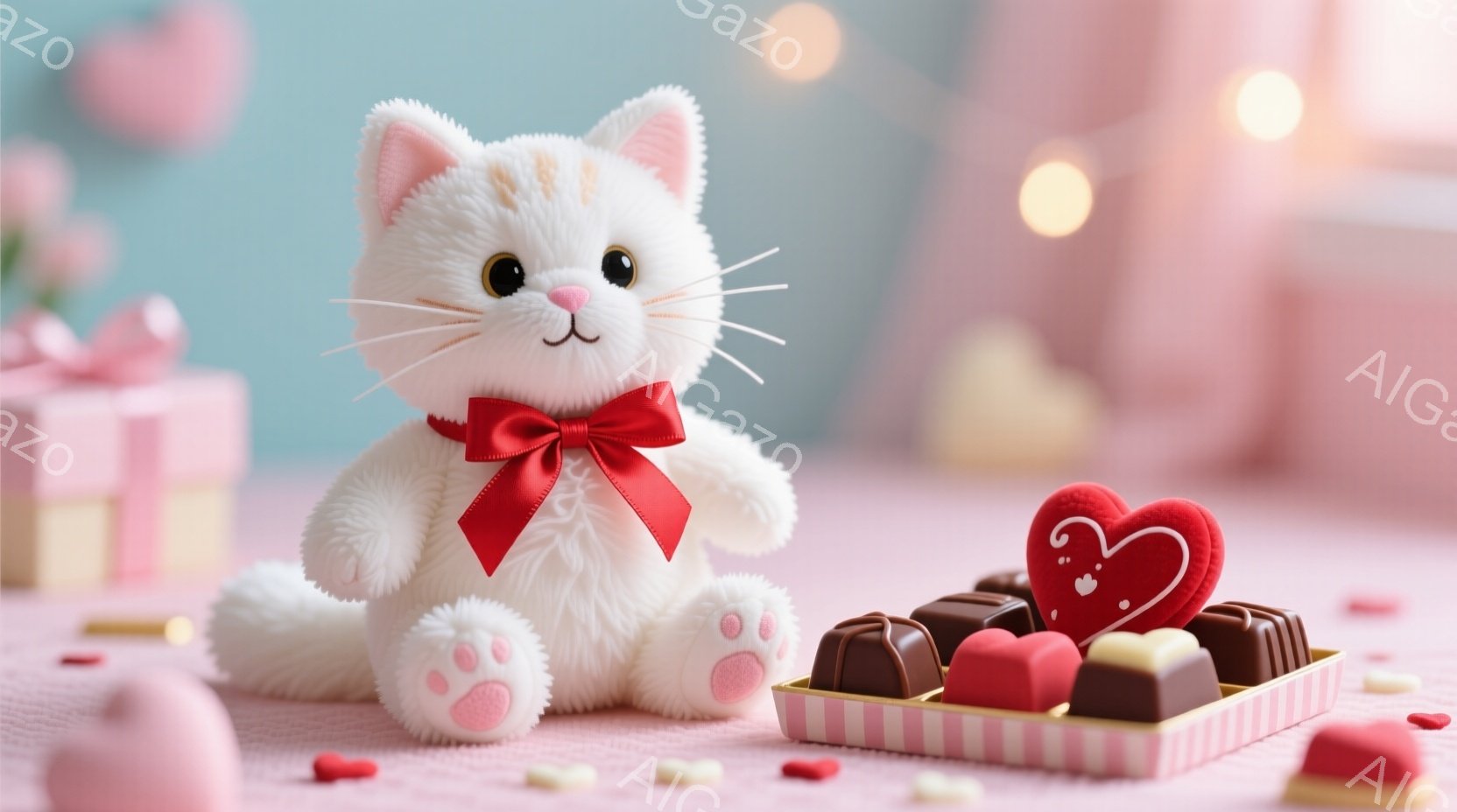 白くてふわふわの猫のぬいぐるみは赤いリボンをつけて座っており、ピンク色の肉球が可愛らしいです。周囲にはチョコレートが並んだトレイとハート形のキャンディが散りばめられており、背景にはぼやけたピンク色の装飾が見えます。全体的に甘くて優しい、バレンタインデーのようなロマンチックな雰囲気が漂っています。