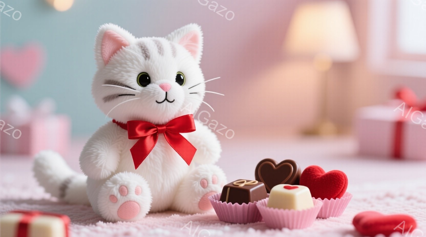 白い毛並みの猫のぬいぐるみは赤いリボンを首に巻いており、ピンク色の肉球が可愛らしいです。周囲にはチョコレートがカップケーキの型に入っており、赤いハート型の飾りも置かれています。背景はぼやけており、プレ - AI生成フリー素材