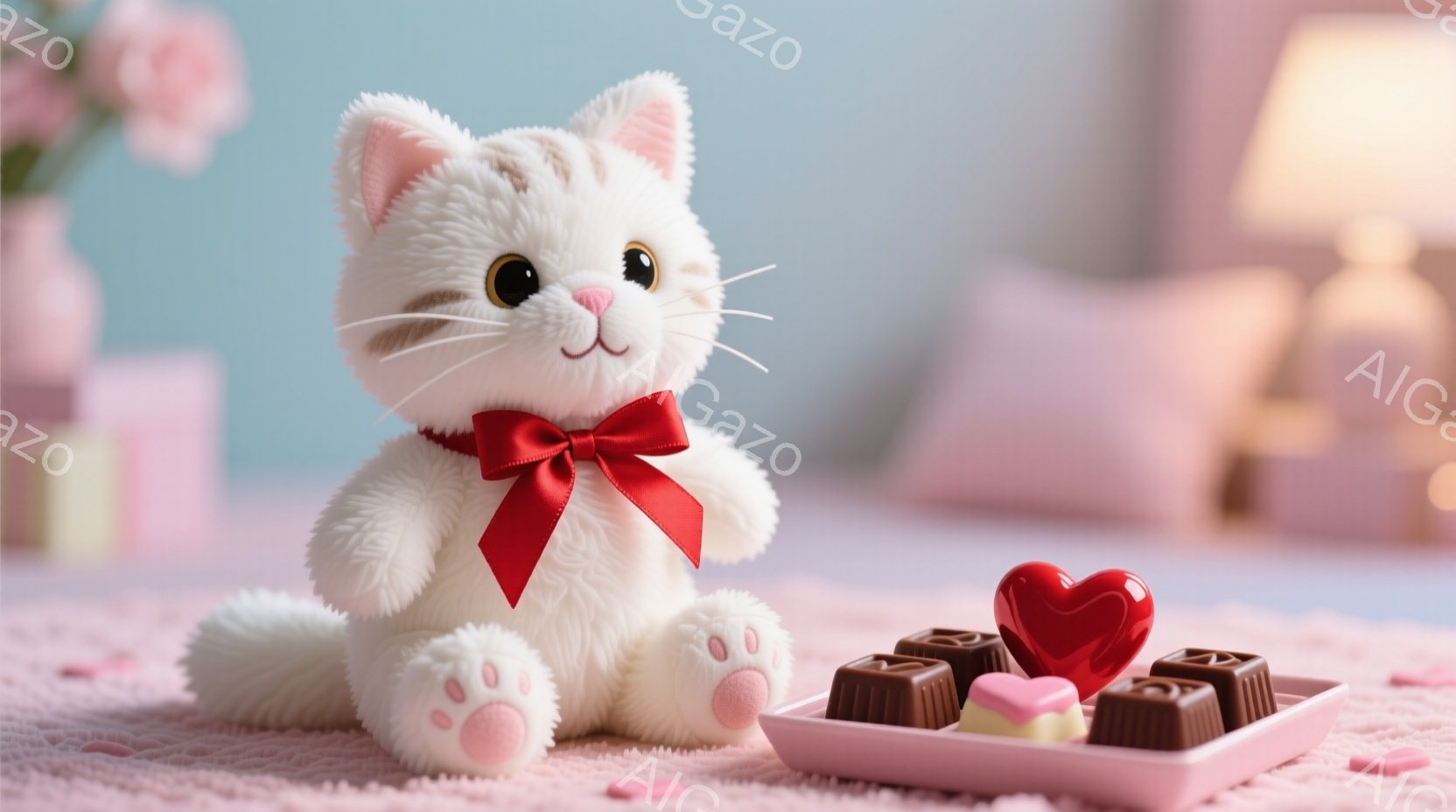 白いふわふわの猫のぬいぐるみは赤いリボンをつけて座っており、ピンク色の肉球が可愛らしいです。背景にはピンク色の食器にチョコレートやハート型のキャンディが並び、ロマンチックで甘い雰囲気が漂っています。柔らかいピンク色の背景と暖色系の照明が、より一層温かい印象を与えます。