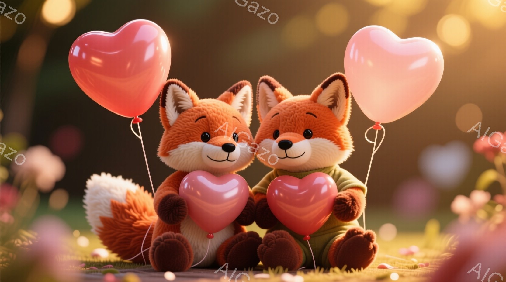 ふわふわの毛並みを持つ2匹のキツネが、それぞれピンク色のハート型の風船を持って座っています。キツネたちは緑色の服を着ており、幸せそうに微笑んでいます。背景は鮮やかなピンクの花々が咲き乱れる草原で、暖かく穏やかな雰囲気です。