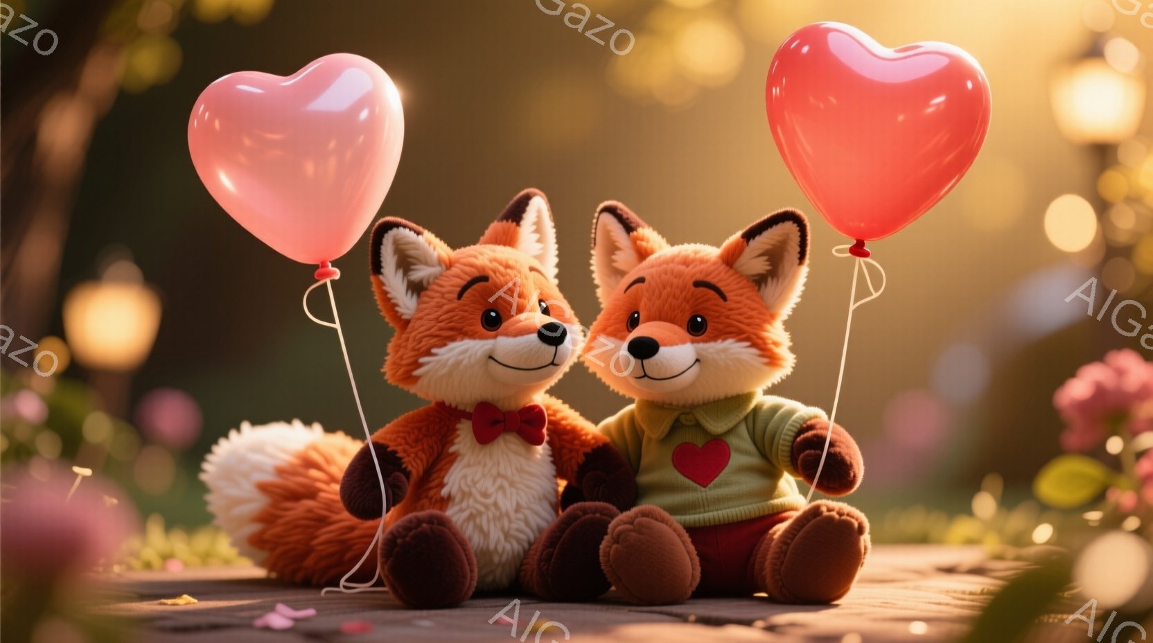 ふわふわの毛並みを持つ2匹のキツネが寄り添って座っており、それぞれ赤いハート型の風船を持っています。1匹は赤い蝶ネクタイ、もう1匹はハートの模様が描かれた緑色のセーターを着ており、優しい表情を浮かべています。背景には、ぼやけた花々や光る光点が散りばめられ、暖かくロマンチックな雰囲気を醸し出しています。