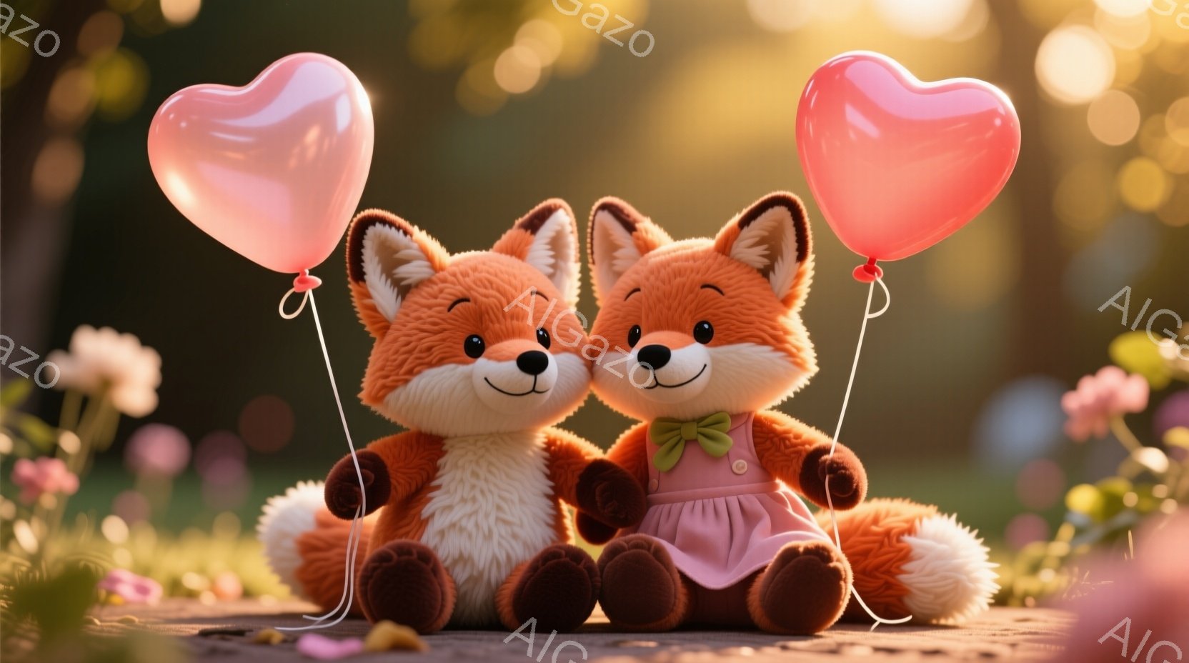 ふわふわのオレンジ色のキツネのぬいぐるみ2匹が寄り添って座っています。片方のキツネはピンク色のエプロンと緑色のリボンをつけており、もう片方は何も身につけていませんが、どちらも心型のピンク色の風船を持っています。背景にはぼやけた花々と緑豊かな自然が広がり、暖かい光が差し込み、優しい雰囲気を作り出しています。