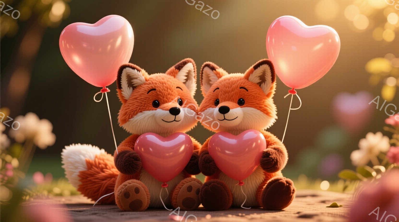 二匹の愛らしいキツネが並んで座っており、それぞれハート型のピンク色の風船を持っています。背景にはぼやけた花々と緑豊かな自然が広がり、暖かく優しい雰囲気を作り出しています。キツネたちは幸せそうに微笑み、愛情を表現しているようです。