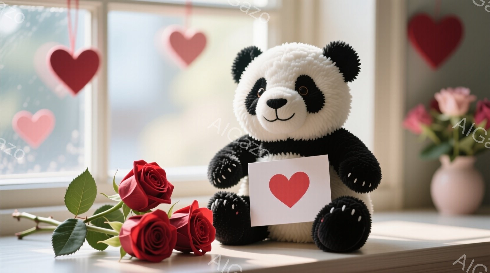 白黒のパンダのぬいぐるみは、白い背景のテーブルの上に座り、赤いハートが描かれた白いカードを両手で持っています。テーブルの左側には、鮮やかな赤いバラが数本置かれており、背景にはハート型の装飾がいくつか浮かんでいます。 全体的に、愛情深く、甘い雰囲気で、バレンタインデーや愛情表現にふさわしいイメージです。