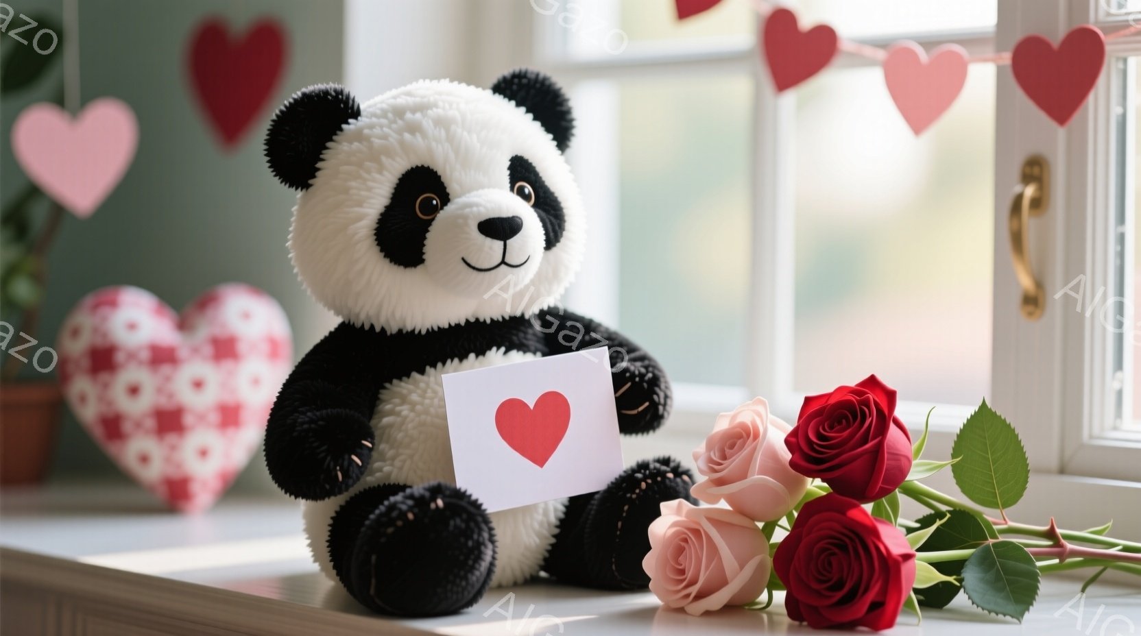 ふわふわのパンダのぬいぐるみは、赤いハートが描かれた白いカードを抱えています。背景には、ピンクと赤のバラが飾られており、赤いハートのガーランドが窓辺に飾られています。全体的に暖かくロマンチックな雰囲気で、バレンタインデーや愛情表現を連想させます。